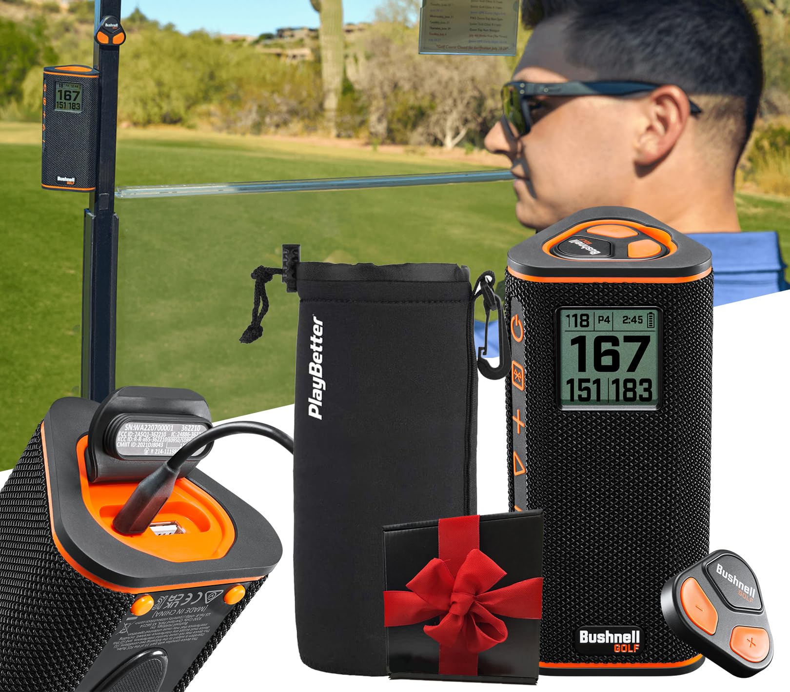 Bushnell Wingman View Bluetooth Golf Speaker with LCD Display & Audible GPS Distances - Premium Golf Gift Set Includes Protective Pouch & Gift Box with Red Bow - Perfect for Golf Courses, Driving Ranges & Outdoor Activities