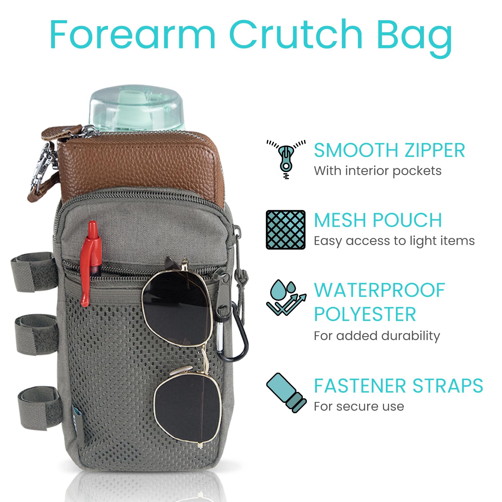 **Vive Forearm Crutch Bag - Lightweight & Waterproof Storage Pouch for Crutches with Mesh Pocket - Universal Crutch Accessories Organizer for Daily Essentials - Perfect for Travel, Hiking & Mobility Support**
