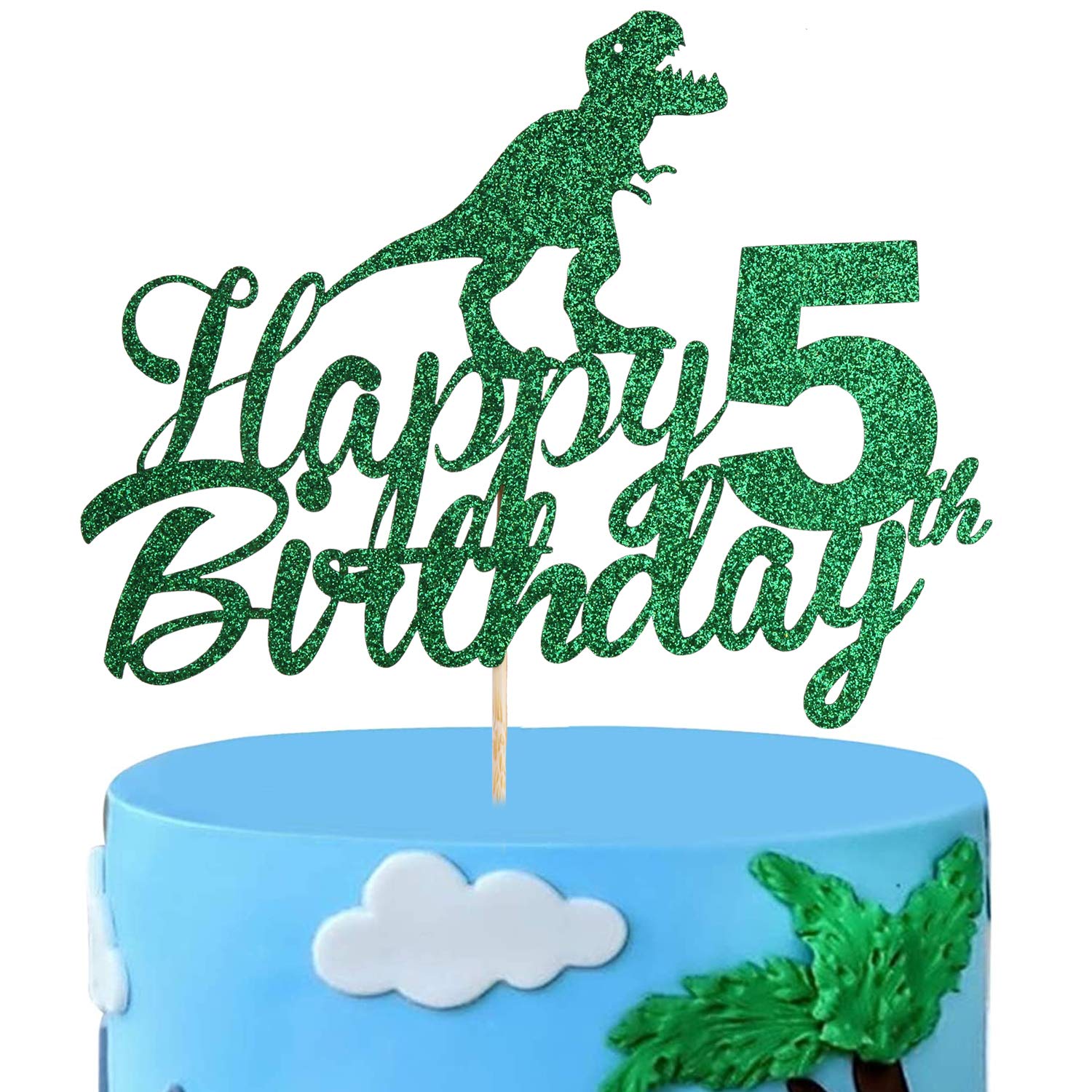 Anxdh Dinosaur Cake Topper for 5th Birthday - Sparkling Happy Birthday Dinosaur Decorations for Boys & Kids - Roaring Dino Theme Party Supplies - Perfect for Birthday Cakes, Cupcakes & Party Decor