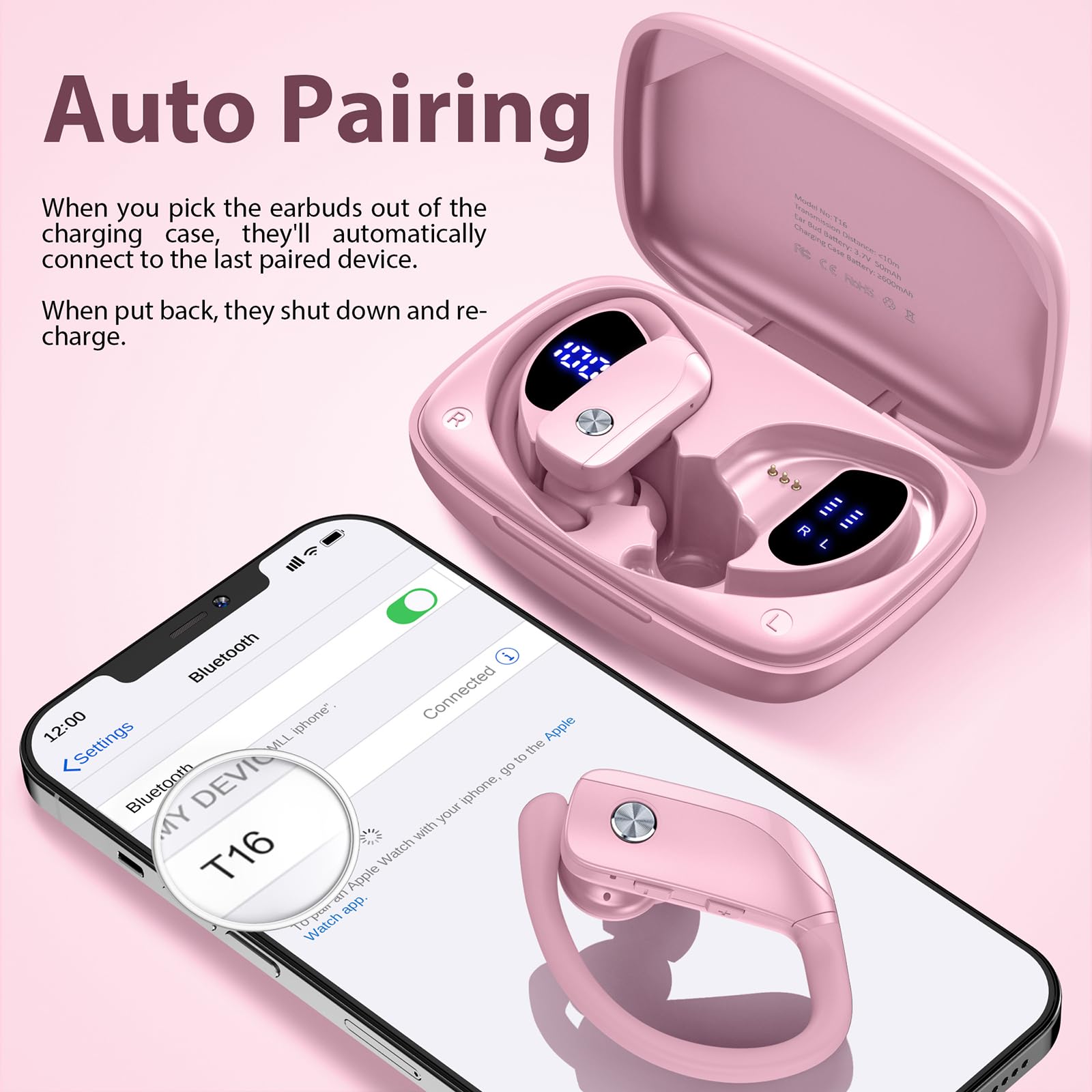 Bmanl Wireless Bluetooth Earbuds - 48H Playback Sports Earphones with LED Display, Over-Ear Design & Secure Earhooks, Built-in Mic for Calls - Perfect for Workout, Running & Gym (Pink)