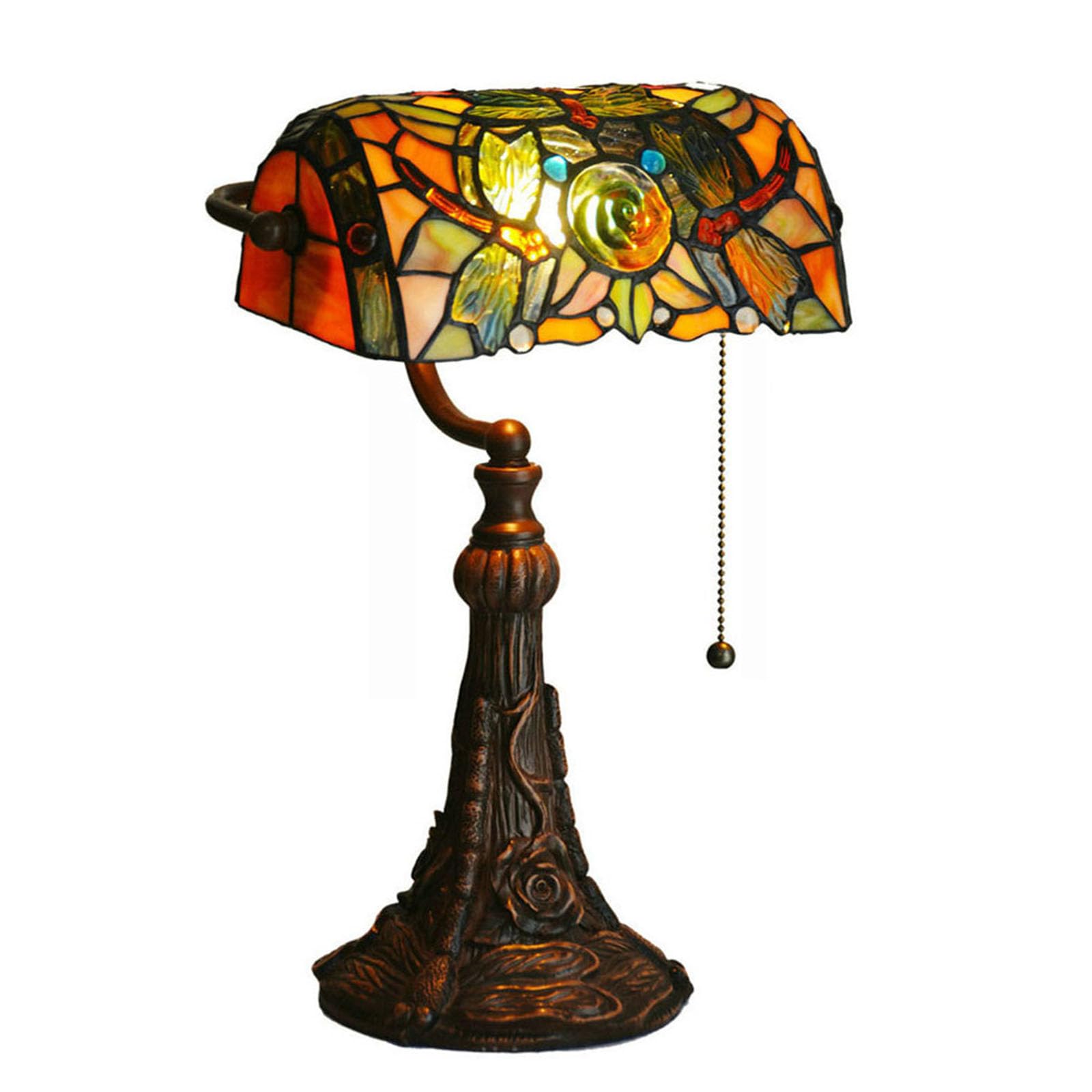 Tiffany Style Stained Glass Table Lamp with Dragonfly Design - 15.5