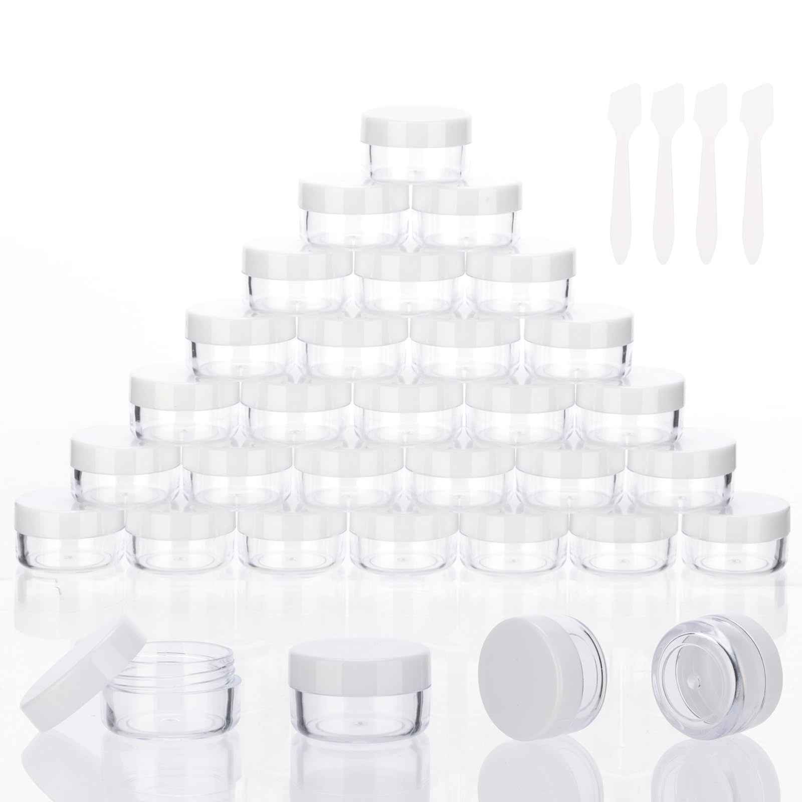 5 Gram Empty Sample Jars with White Lids - 50 Pack 5ML Cosmetic Containers for Travel, Mini Spatulas & Labels Included - Perfect for Makeup, Lotion, Cream, Glitter, Beads Storage & Organization - Ideal for DIY Beauty, Travel Kits, Craft Projects & Small Product Samples