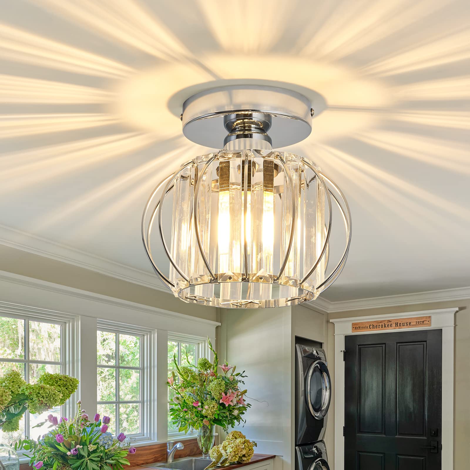 Modern Semi Flush Mount Ceiling Light Fixture - E26 Mini Crystal Chandelier in Chrome/Silver - Small Ceiling Lamp for Entryway, Bedroom, Bathroom, Hallway, Closet & Foyer - Perfect for Home Decor, Apartment Lighting & Interior Design