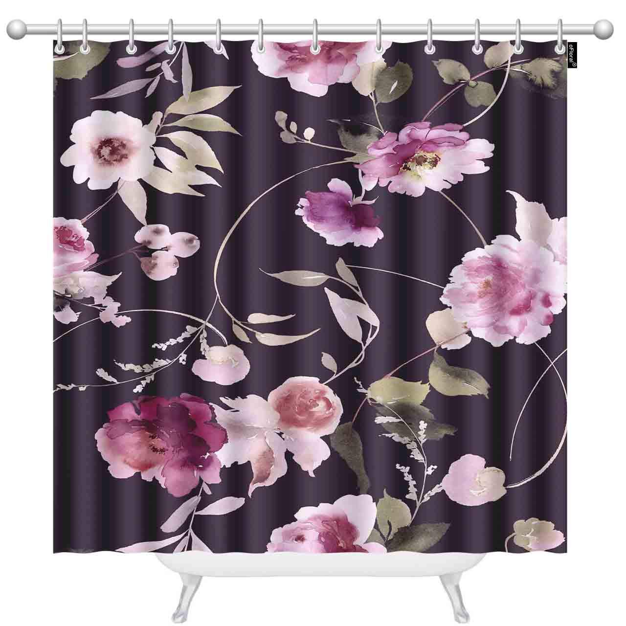 Floral Shower Curtain Set with Hooks - Watercolor Flowers Dark Background - 72x78 Inch for Modern Bathroom Decor