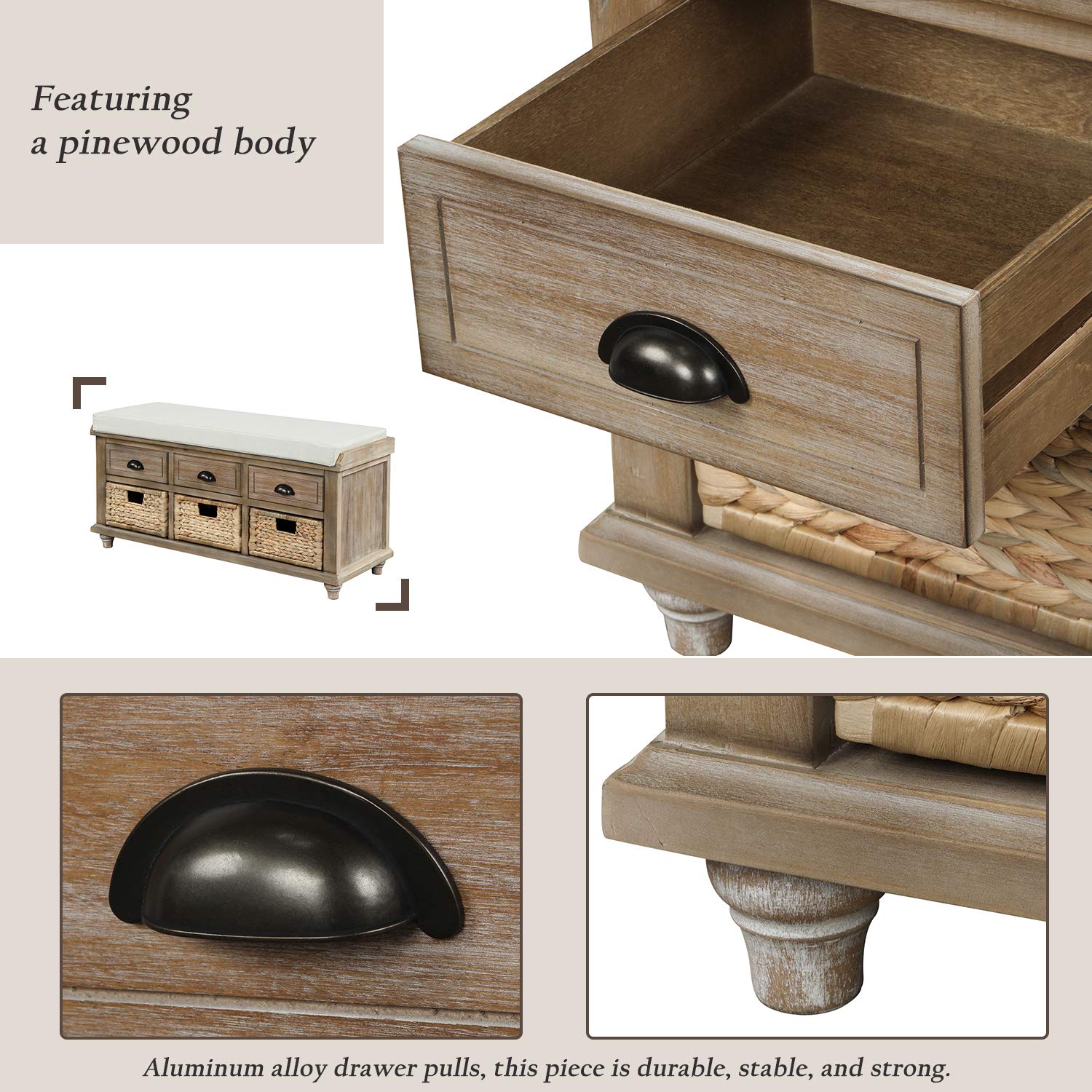 Rustic Entryway Storage Bench with Drawers & Baskets - Shoe Organizer for Living Room & Hallway