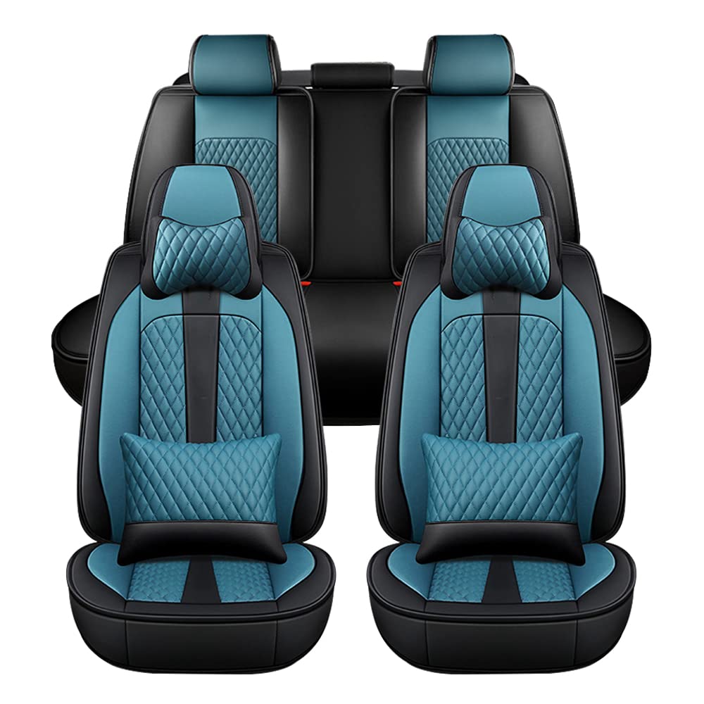 Premium Faux Leather Car Seat Covers for Buick Cascada, Lacrosse, Lesabre, Regal - 5-Piece Set with Headrest & Lumbar Support (Black & Blue) | Waterproof & Comfortable Seat Protectors for Daily Commute, Road Trips & Family Travel