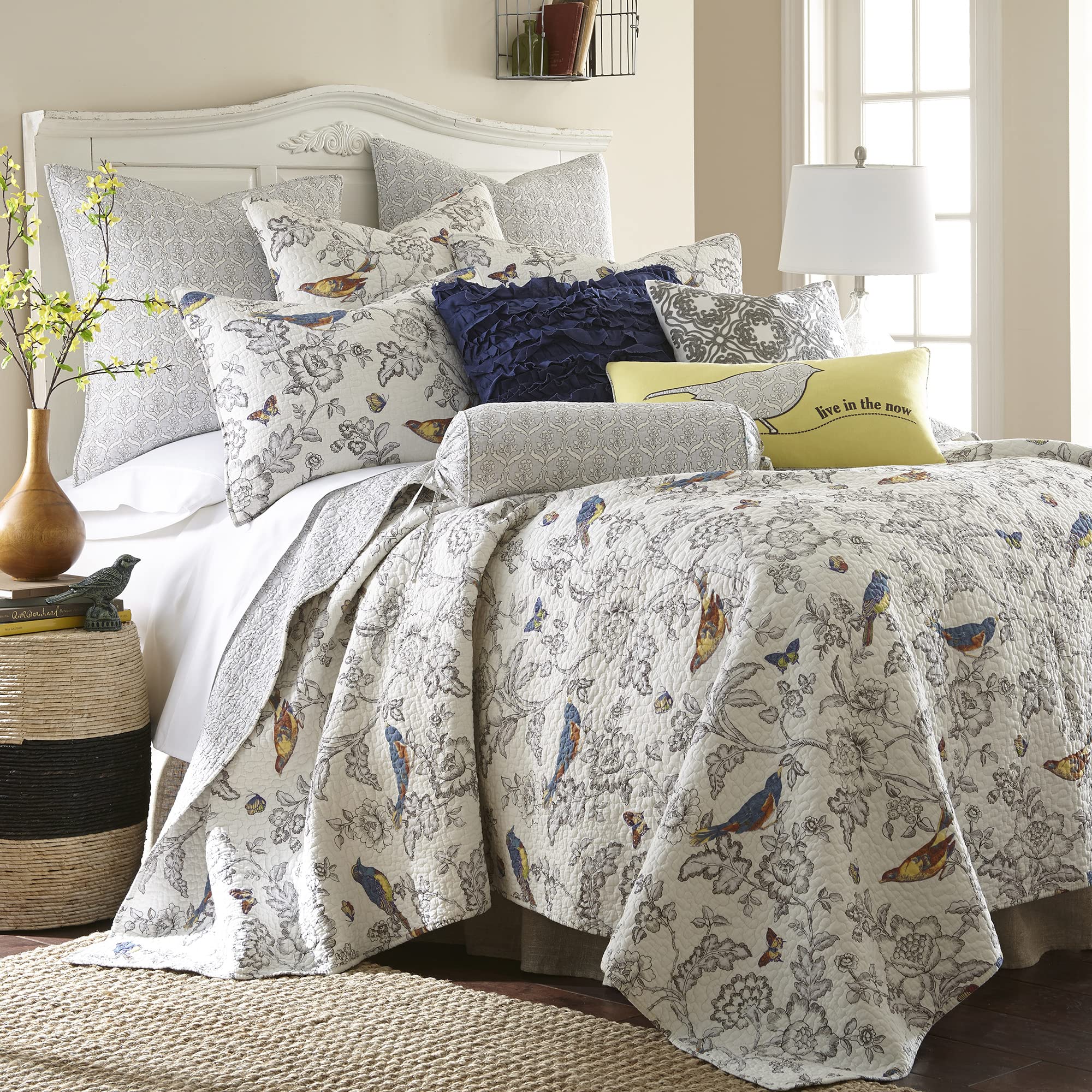 Levtex Home Mockingbird Quilt Set Full/Queen Size 88x92 Inches with 2 Standard Pillow Shams 26x20 Inches - Grey Toile Bird & Butterfly Print Reversible Cotton Bedding - Perfect for Guest Rooms, Master Bedrooms & Cozy Farmhouse Decor