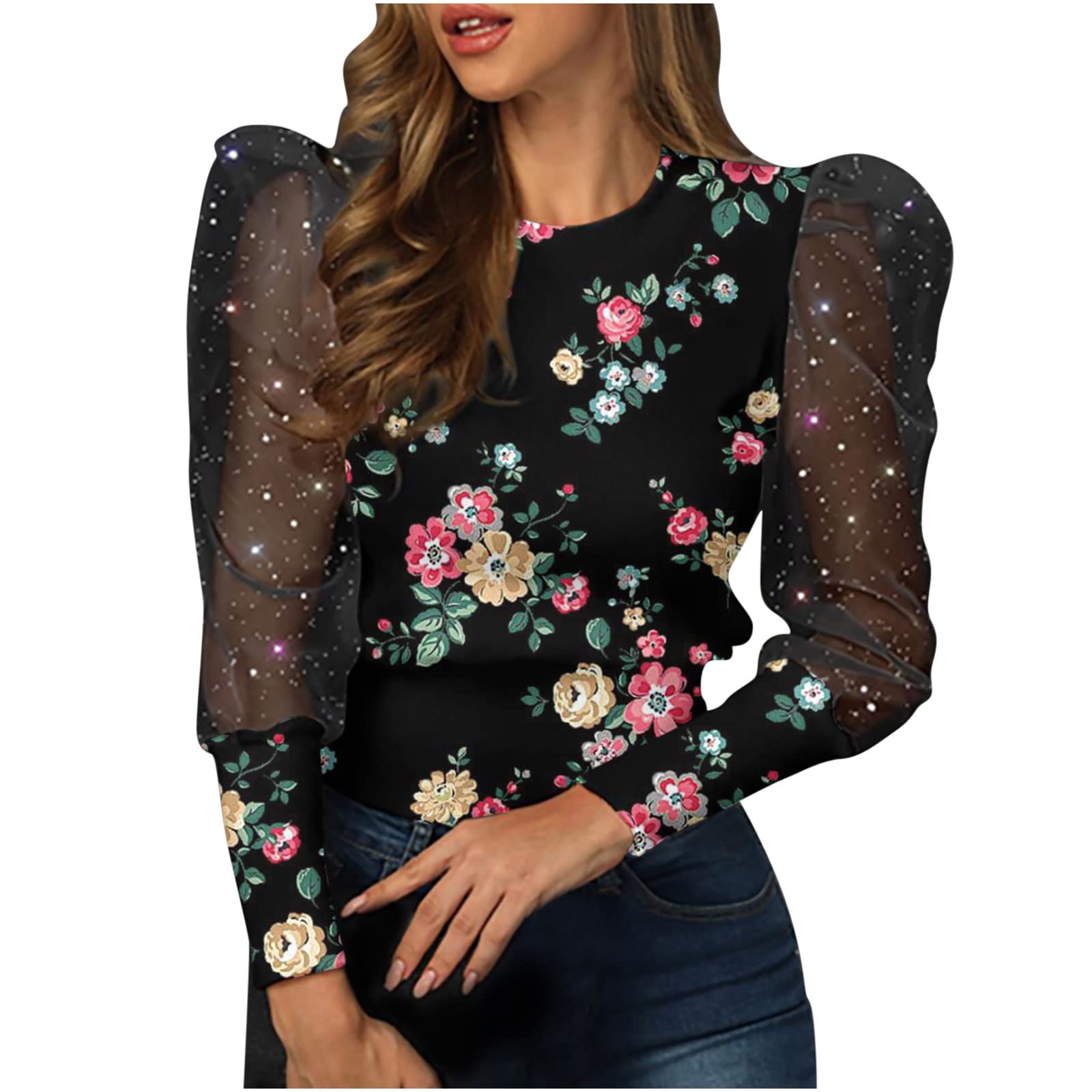 Women's Sheer Mesh Puff Sleeve Blouse - Elegant Business Casual Long Sleeve Top for Office, Date Night & Going Out | Slim Fit Sexy Shirt in Black