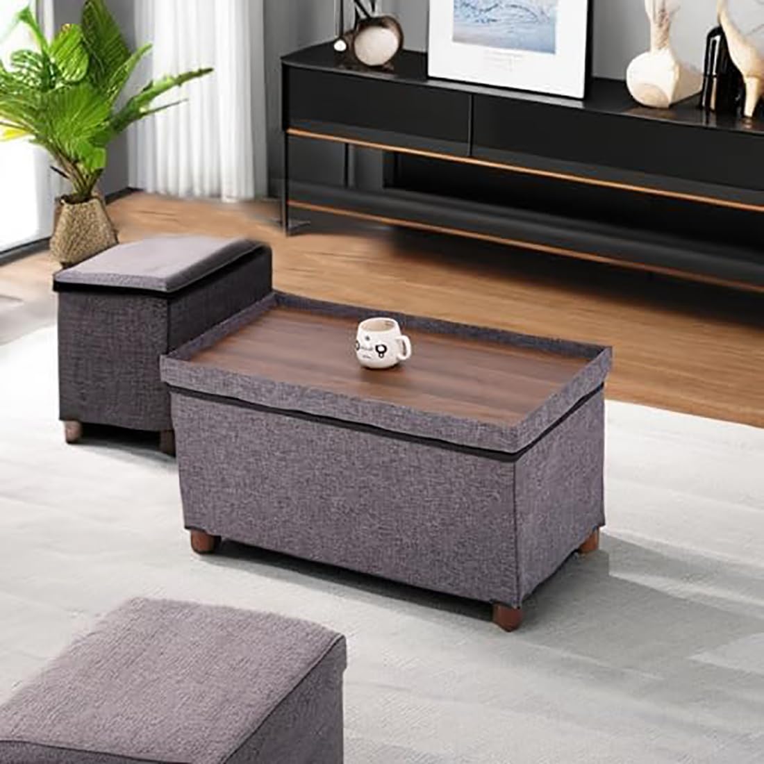 30 Inch Storage Ottoman Bench with Removable Lid - Wooden Legs, Linen Fabric, Foldable Design for Living Room, Bedroom & Foot Rest - Perfect for End of Bed, Small Space Organization & Home Decor
