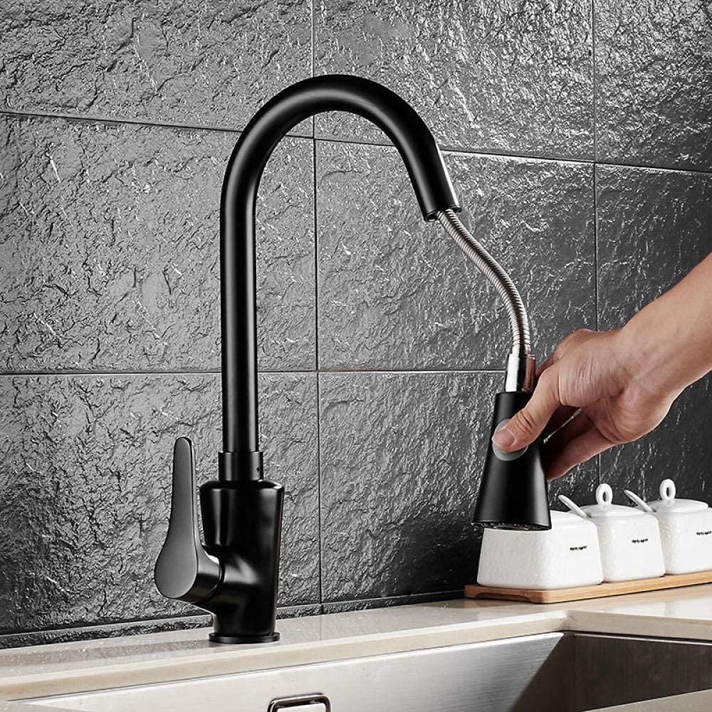 Black Pull Down Kitchen Faucet with Swivel Shower Head - Water-Tap Bathroom & Kitchen Sink Mixer Tap - Chrome Finish for Modern Vanity & Utility Sinks (Ideal for Washing Dishes, Filling Pots & Cleaning Vegetables)