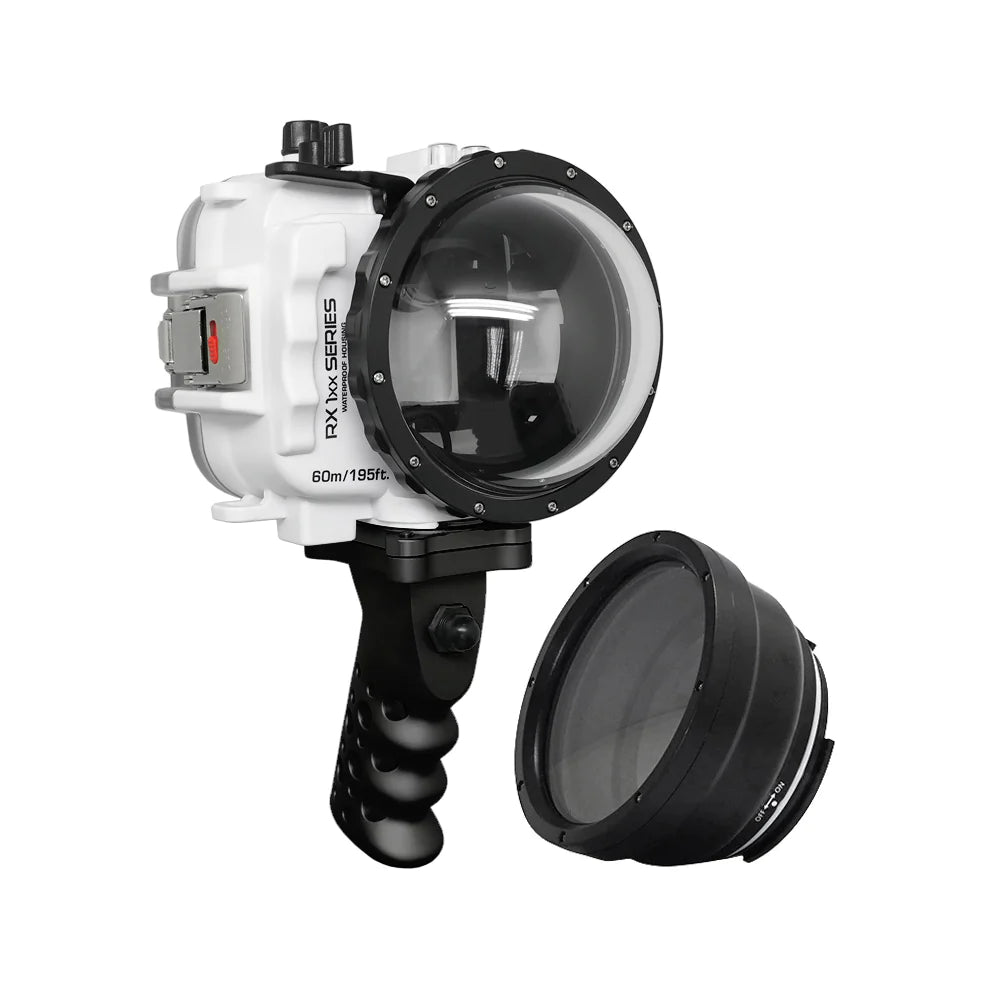 Waterproof Housing for Sony RX1xx Series - 60M/195FT Depth Rating, Aluminum Pistol Grip & 4 Dry Dome Port (White) | Ideal for Underwater Photography, Scuba Diving, and Marine Exploration