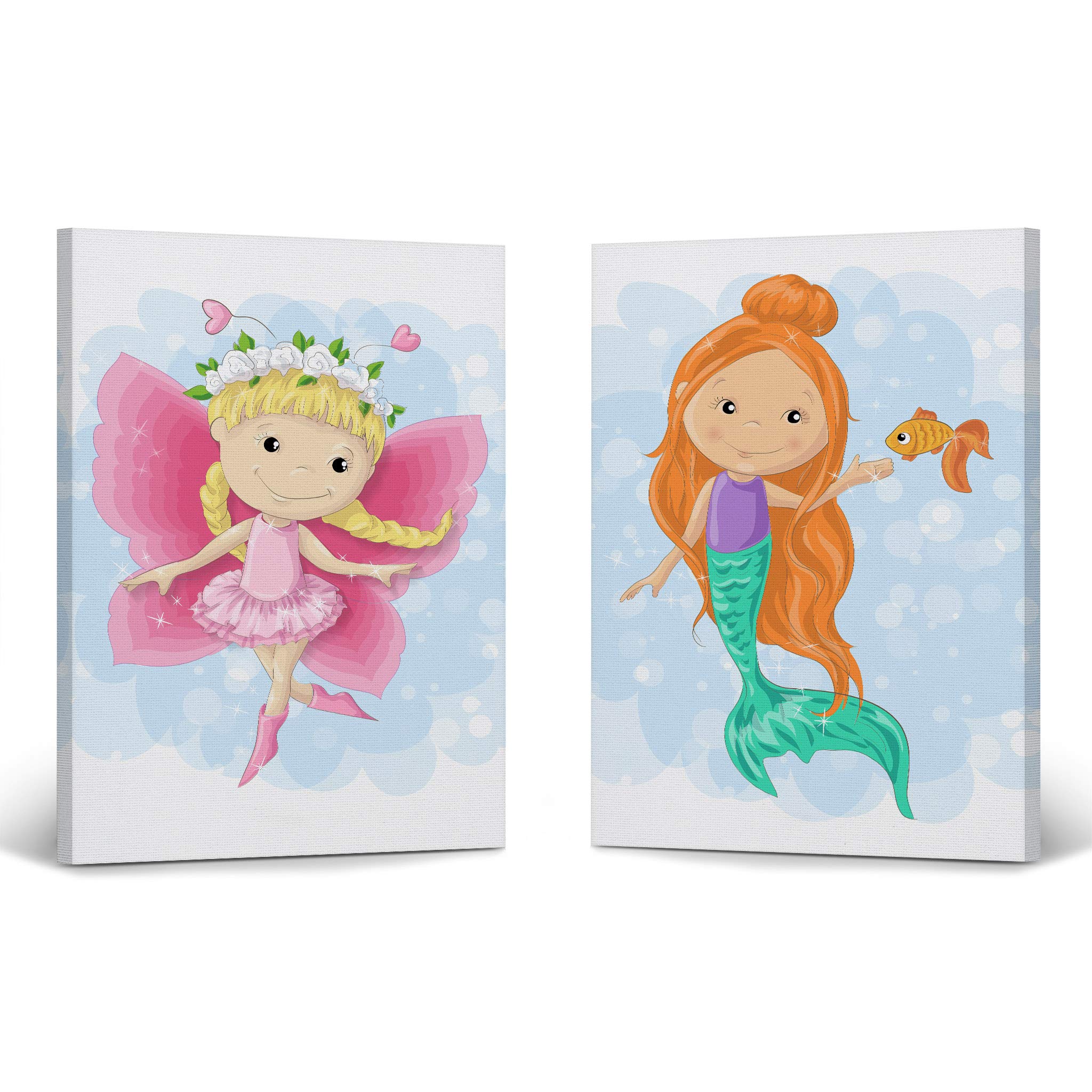 Cute Fairy and Mermaid Canvas Wall Art Set - 2 Panel Nursery Decor for Kids Room, Baby Girl Bedroom, Ready to Hang (40x30 Inches x2) - Perfect for Children's Playroom, Toddler's Bedroom & Baby Shower Gift - Made in USA