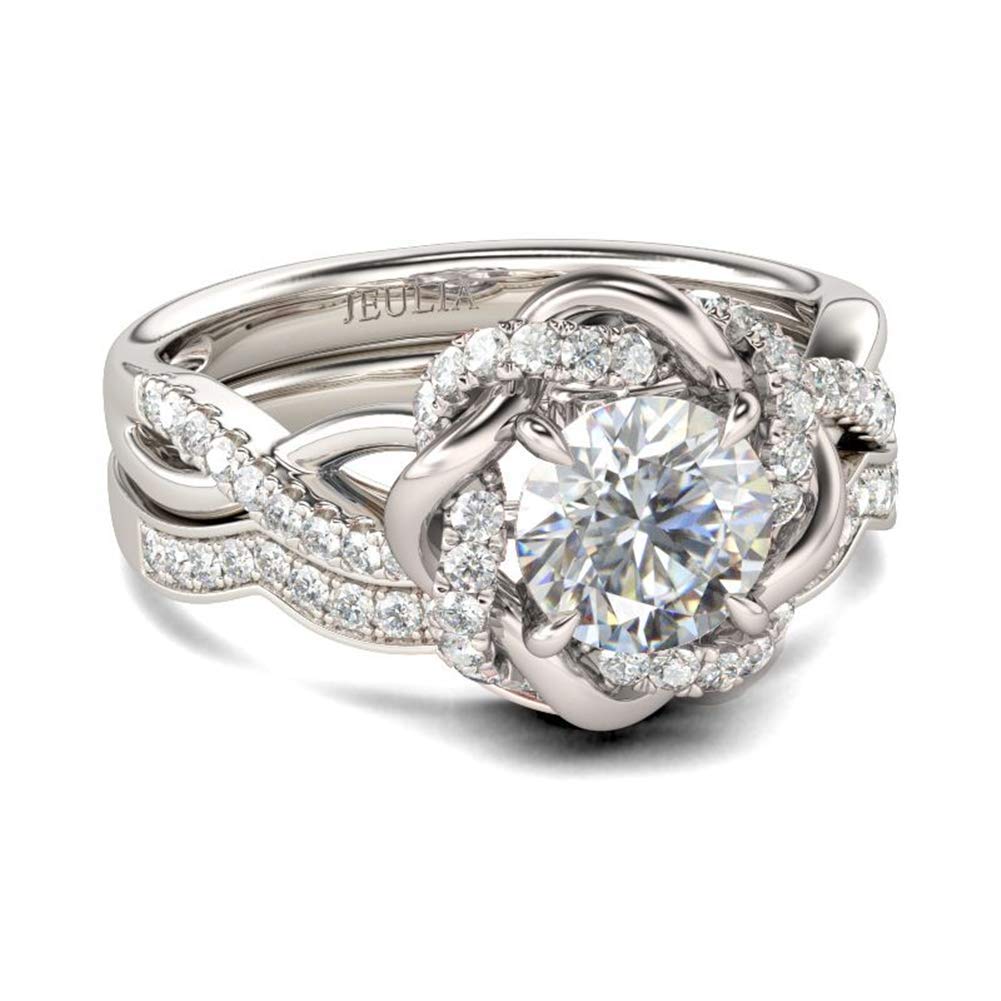 Jeulia Halo Solitaire Engagement Rings for Women - Sterling Silver Floral Diamond Ring Set, Rose Gold Plated Round Cut Bridal Jewelry - Perfect for Wedding, Anniversary, Promise & Valentine's Day Gifts