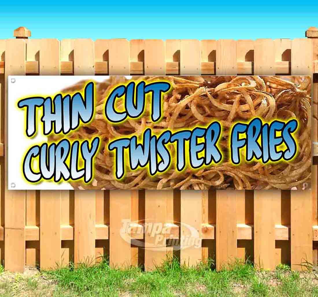 Thin Cut Curly Fries Banner 13 oz - Heavy Duty Vinyl Sign with Metal Grommets | Perfect for Restaurants, Food Trucks & Commercial Kitchens