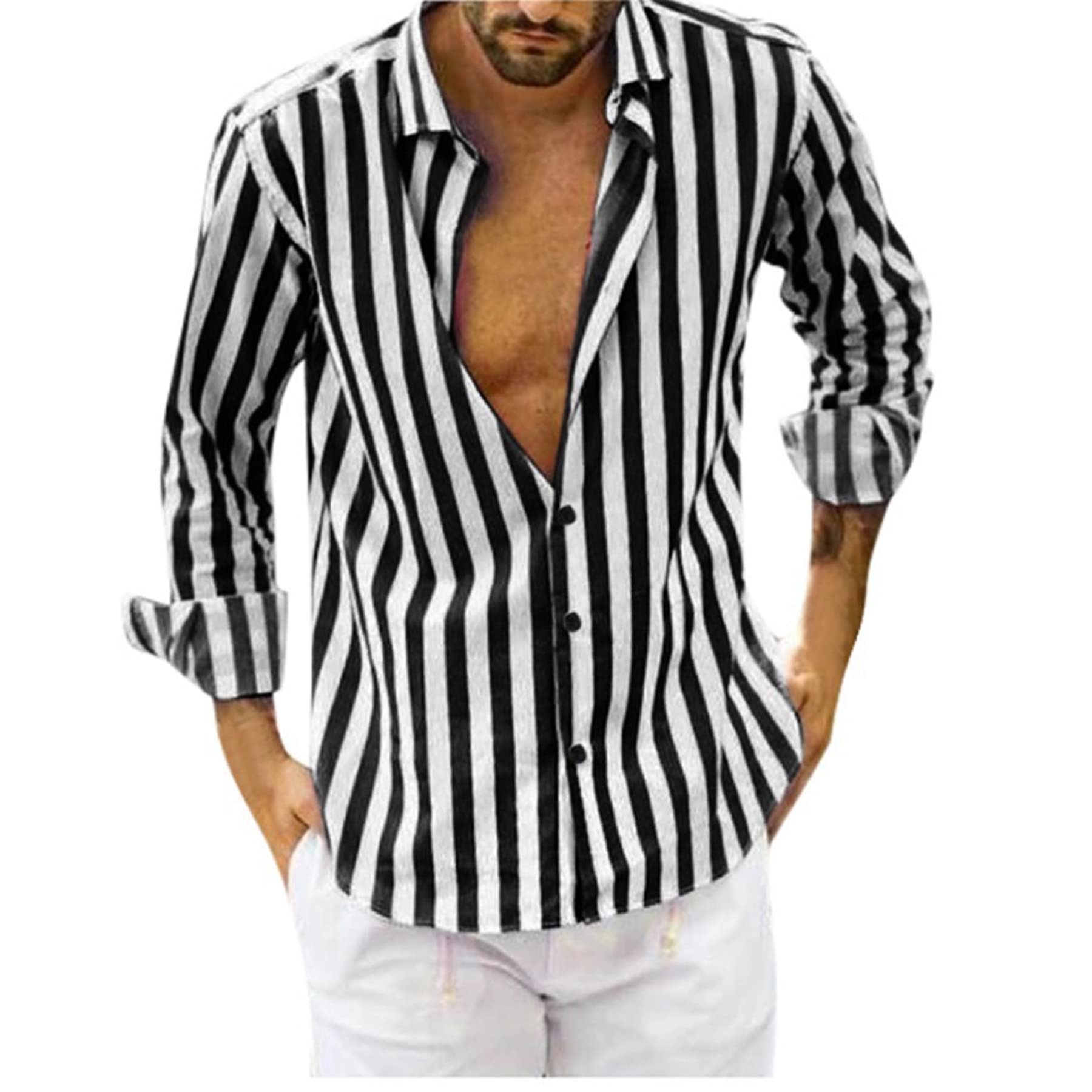 Men's Striped Casual Button Down Shirt - Long Sleeve Cotton Henley Dress Shirt for Beach, Office & Everyday Wear | Breathable & Comfortable