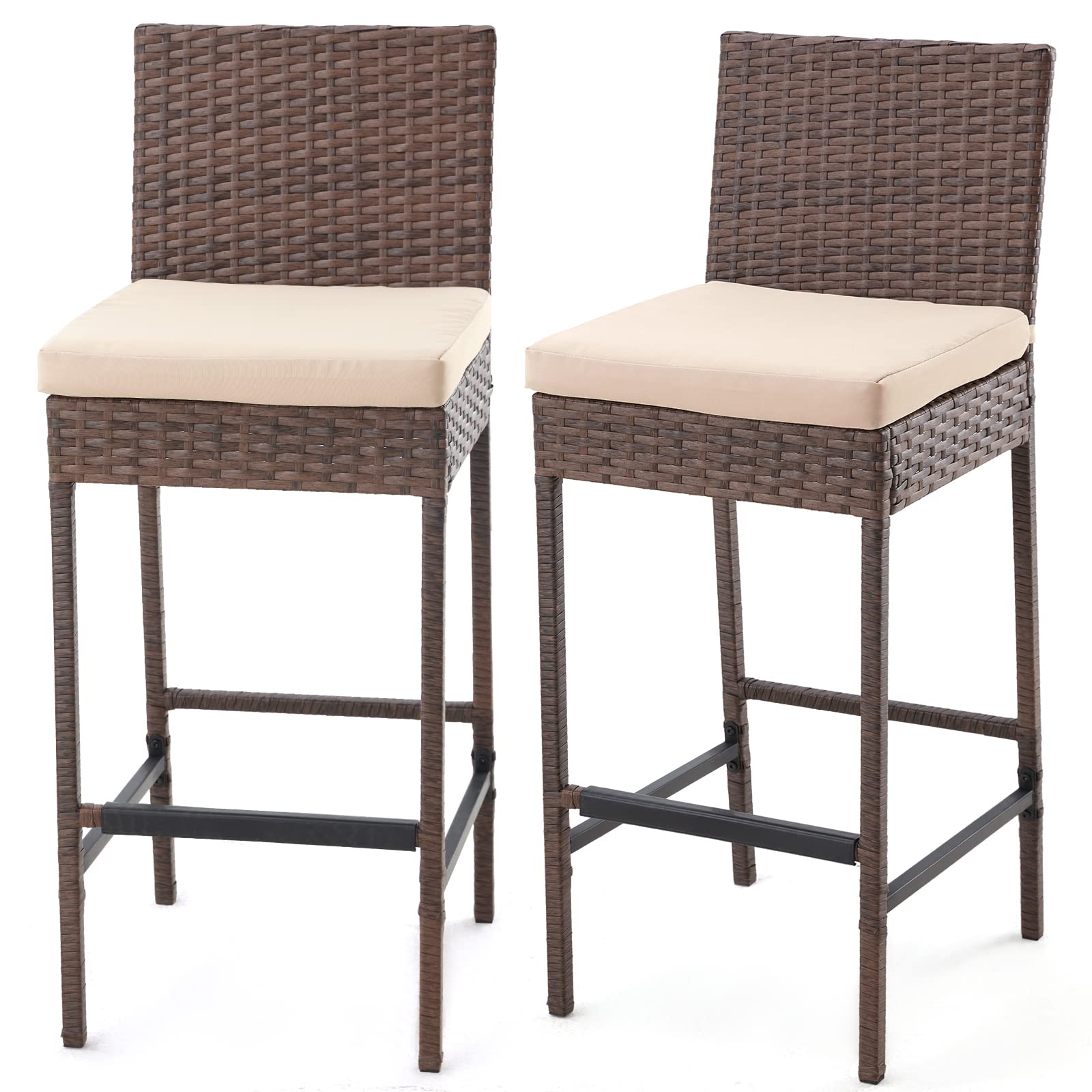 ECOTOUGE 2-Piece Rattan Bar Stools Set with Cushions - Wicker Patio Bar Chairs Armless for Backyard, Poolside, Deck, Outdoor Dining - Brown (Perfect for Outdoor Entertaining & Relaxation)