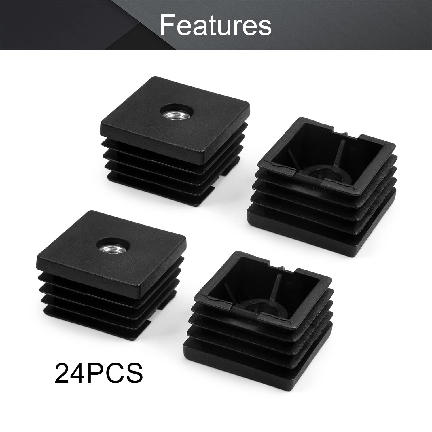 MroMax 24 Sets Adjustable Leveling Feet - 40 x 40mm Plastic & Metal Square Tube Insert Kit with M8 Thread - Glide Levelers for Home Office Table, Desk Leg (Black) - Perfect for Uneven Floors & Wobble-Free Furniture Stability