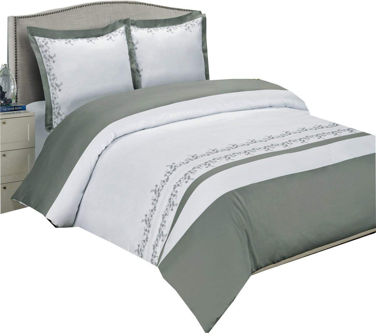 Royal Hotel Luxury 4-Piece King/Cal-King Comforter Set - 100% Cotton 300 Thread Count Gray & White Embroidered Bedding for Master Bedroom & Guest Room
