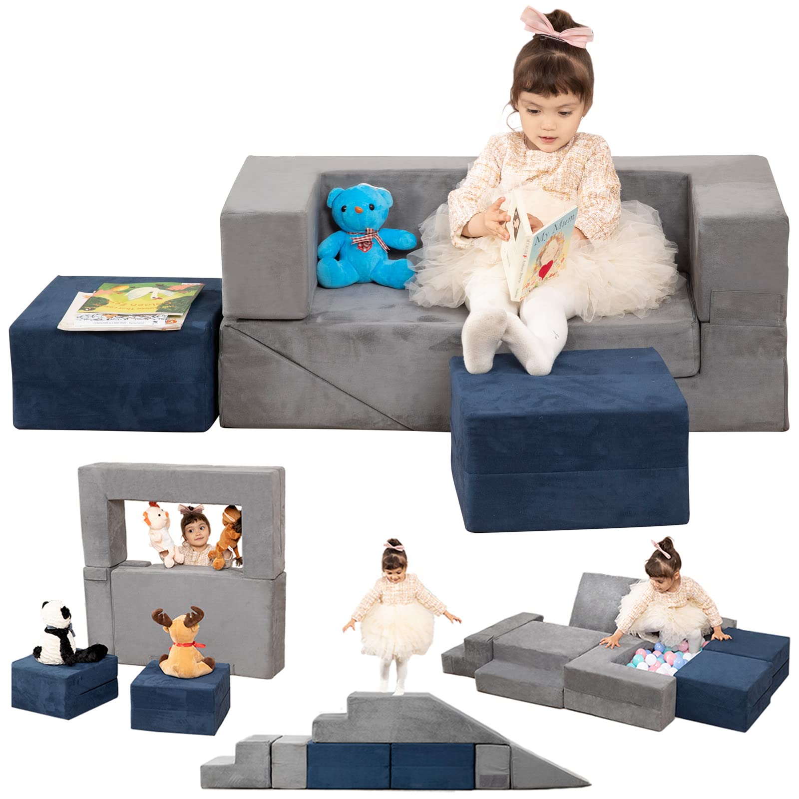 LOAOL Kids Modular Play Couch - Soft Foam Toddler Couch with Slide & 2 Ottomans | Convertible Climbing Sofa for Boys & Girls | Indoor Playroom Furniture for Toddlers | Perfect for Playtime, Nap Time & Creative Imagination Activities
