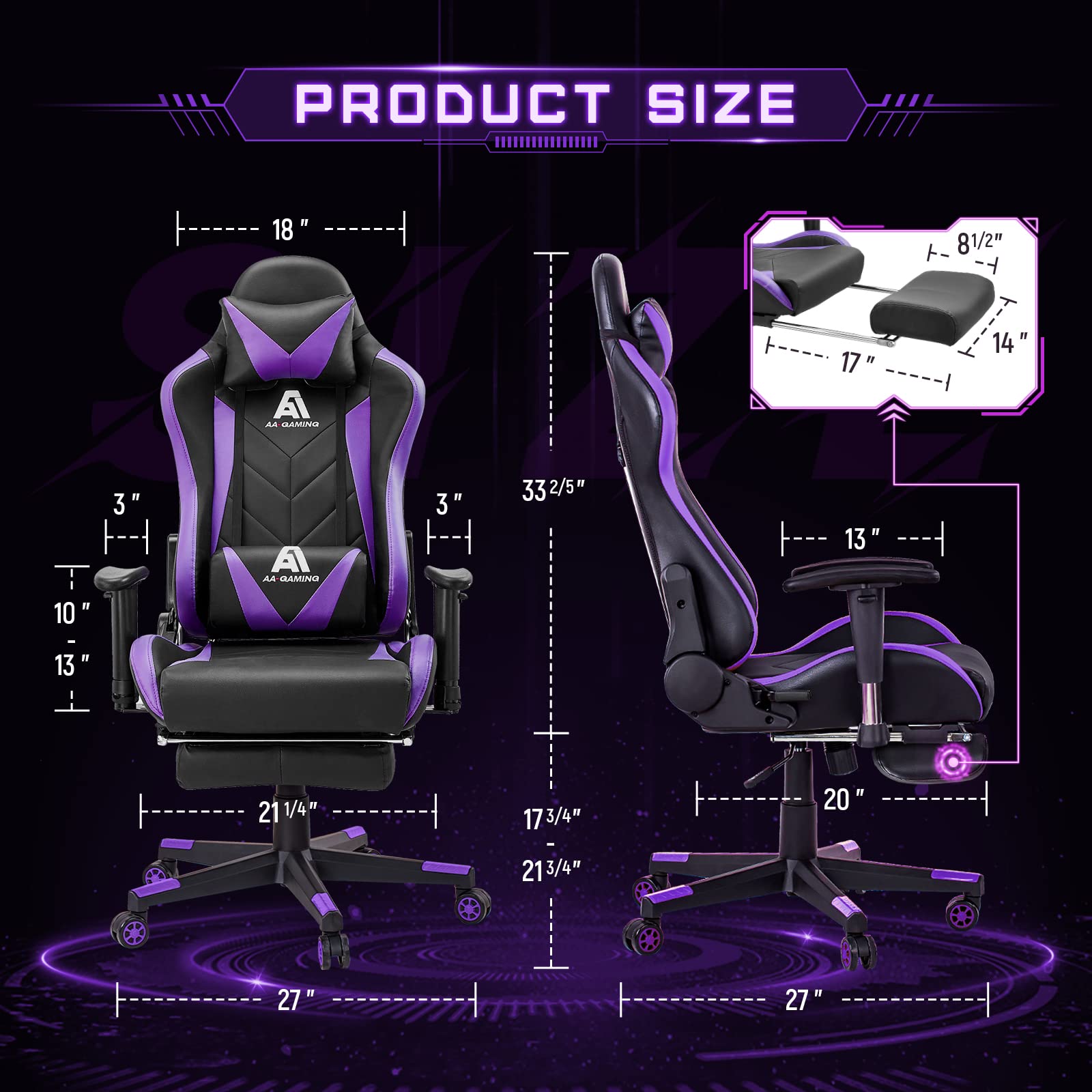 Premium Gaming Chair - Ergonomic High Back Racing Office Chair with Adjustable Lumbar Support & Footrest, 360° Swivel - Black Purple | Perfect for PC Gaming, Esports, Home Office & Streaming Setup