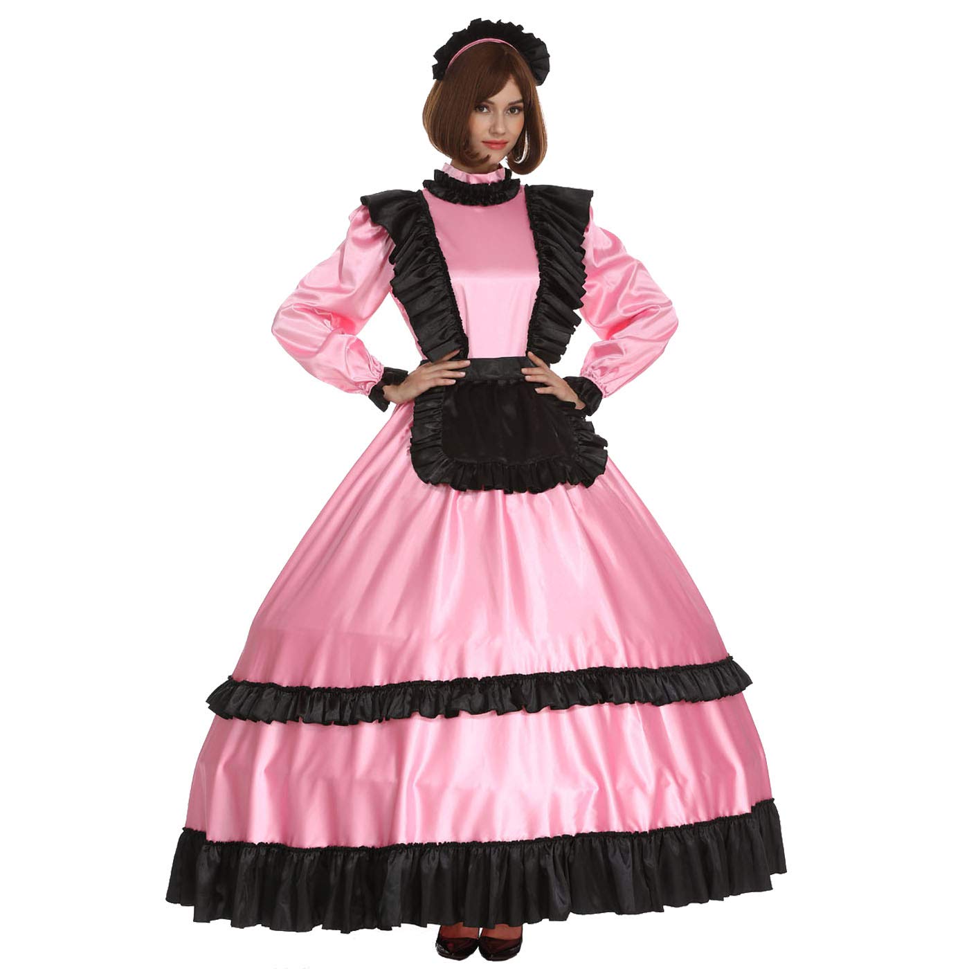 Women's Lockable Satin Maid Dress - Pink & Black Crossdressing Costume with Frill Details | Fancy Dress Party, Cosplay, Role Play Outfit