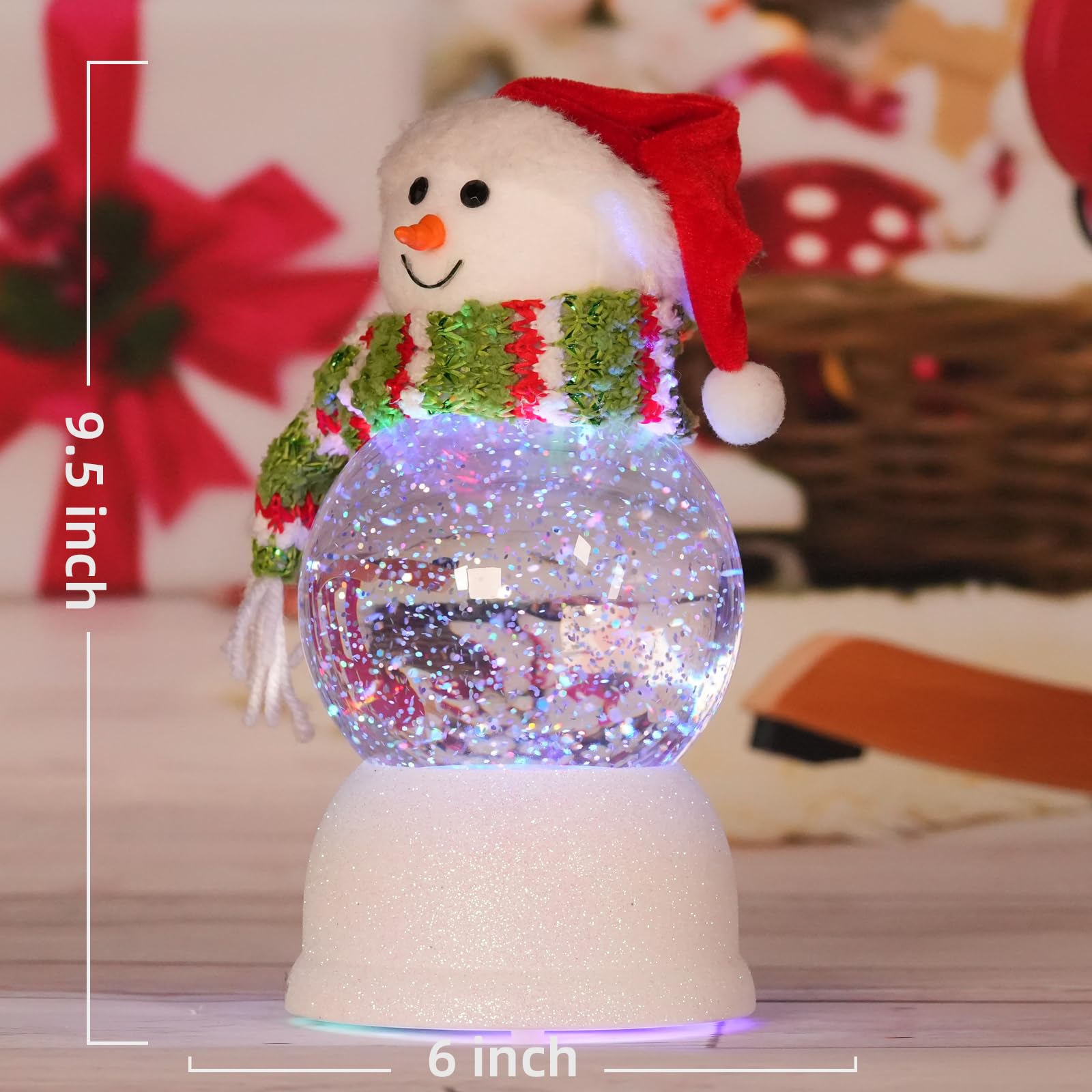 LED Musical Snow Globe Lantern with Timer - Acrylic Lighted Christmas Snowman Figurine with Swirling Glitter & Santa Hat | Indoor Holiday Decor for Christmas Tree, Mantel & Tabletop Displays
