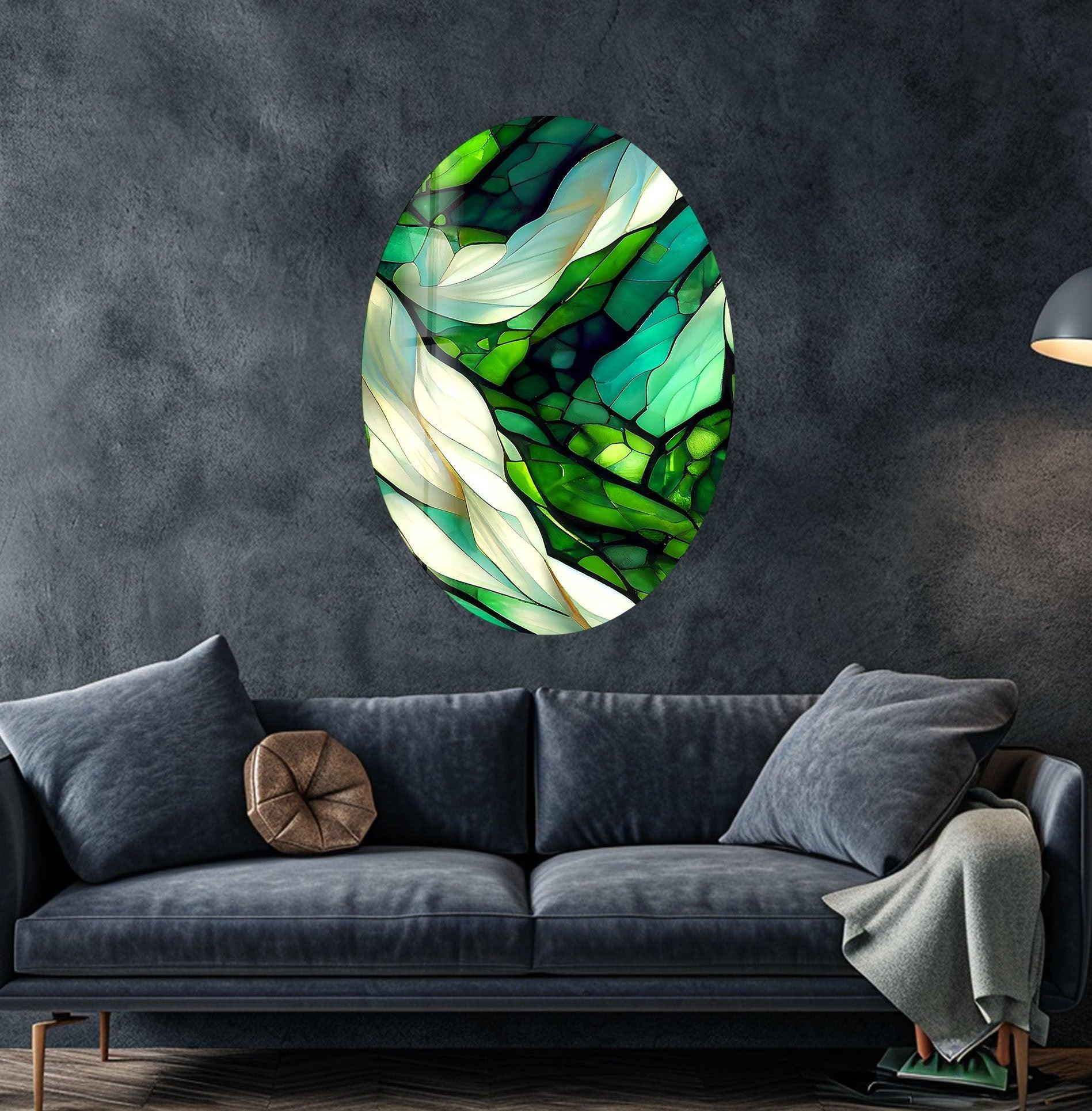 Handmade Asymmetric Oval Stained Green Fractal Glass Wall Art - Modern Abstract Home Decor for Living Room, Bedroom & Office