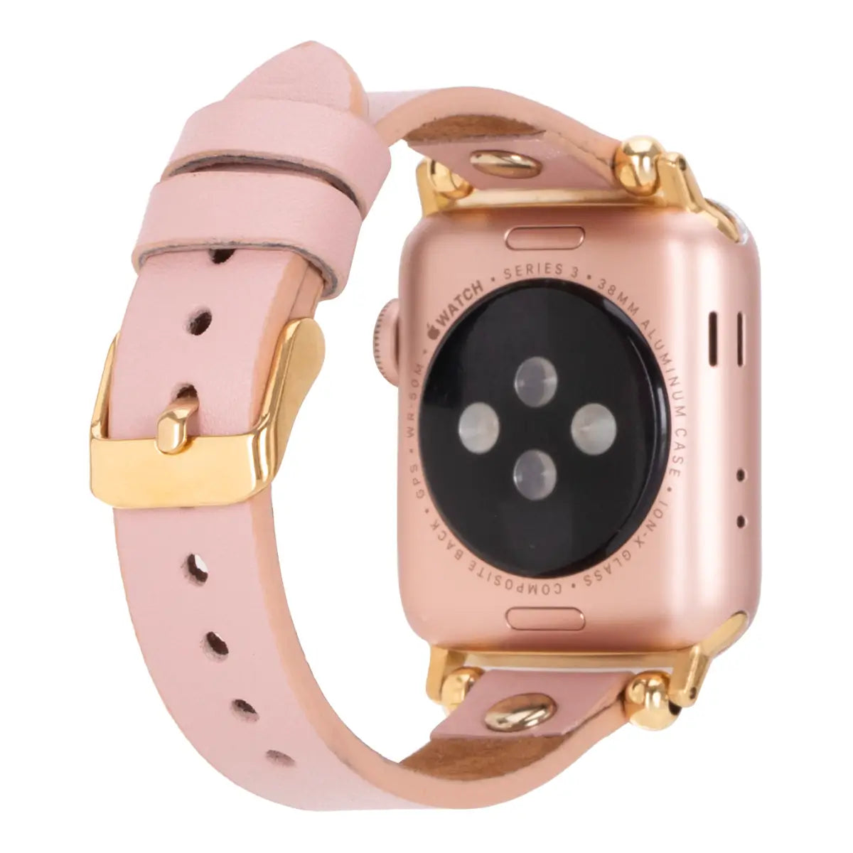 Pink Leather Ultra Slim Apple Watch Band with Gold Rivet - Stylish & Lightweight Replacement Strap for Women & Men - Perfect for Workouts, Office & Everyday Wear