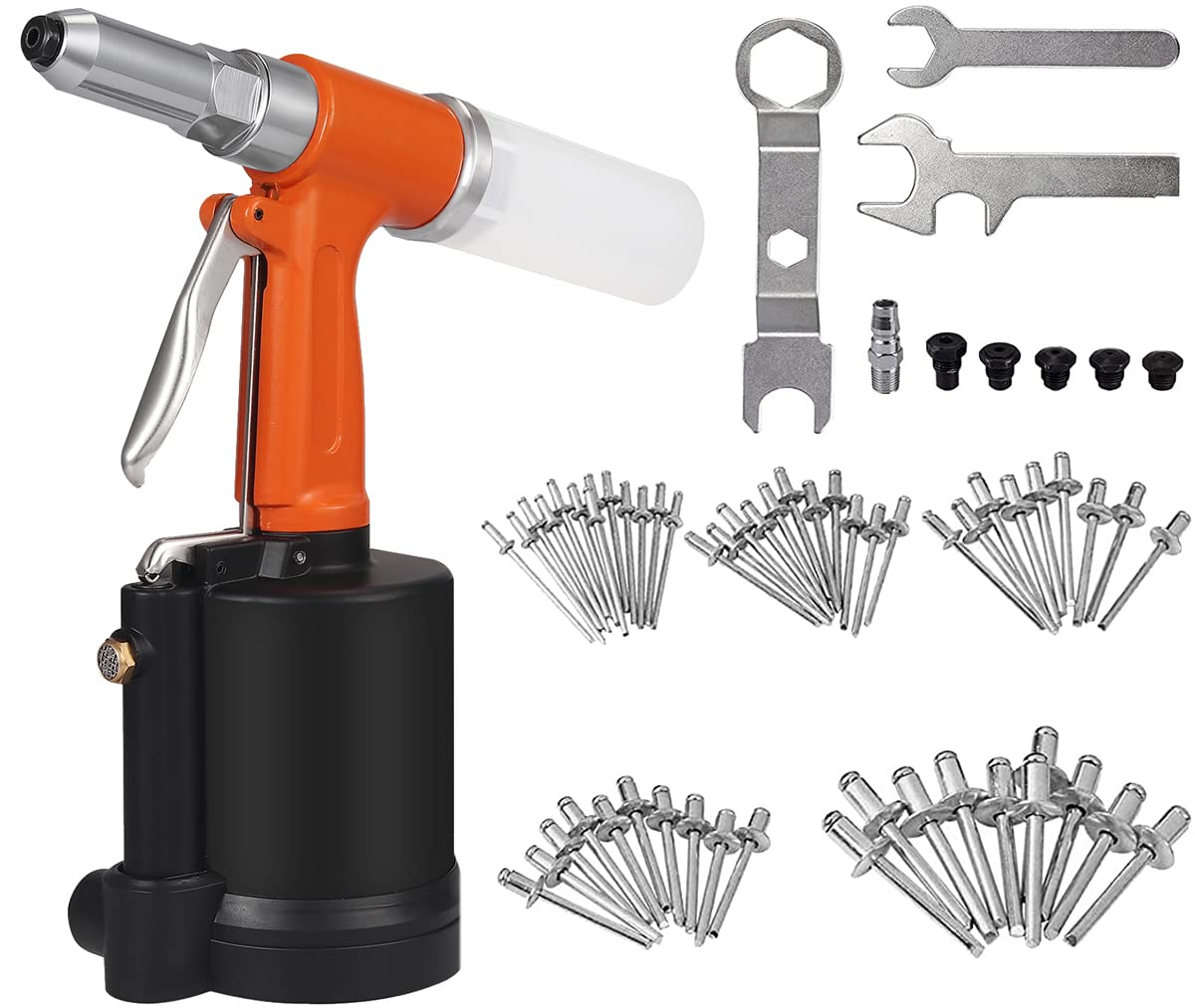 Kamtop Professional Pneumatic Rivet Gun - Air Hydraulic Double Power Riveting Tool with 5 Nose Pieces (3/32