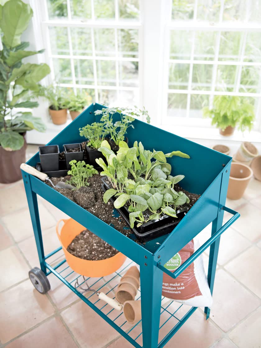Heavy Duty Metal Potting Bench with Wheels - Outdoor Garden Work Table for Seed Starting, Planting & Transplanting | Portable Workstation with Side Metal Walls | Perfect for Backyard Gardening, Greenhouse & DIY Projects