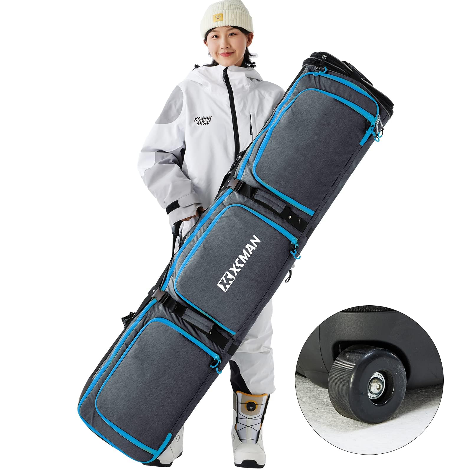 XCMAN Adjustable Length Roller Snowboard Bag with Wheels - Durable Travel Case for Snowboarding Gear, Perfect for Airports, Slopes & Winter Sports Trips