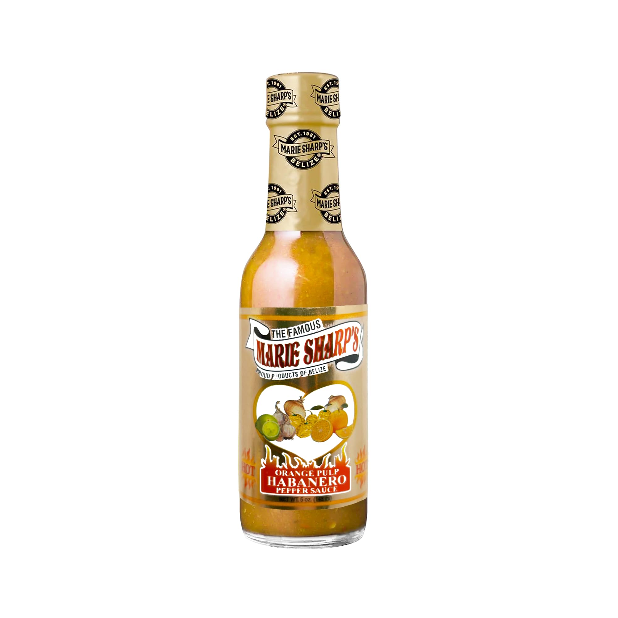 Marie Sharp's Orange Pulp Hot Habanero Pepper Sauce - 5 oz Bottle | Spicy Habanero Hot Sauce with Fresh Orange | Perfect for Tacos, Wings & Bloody Marys