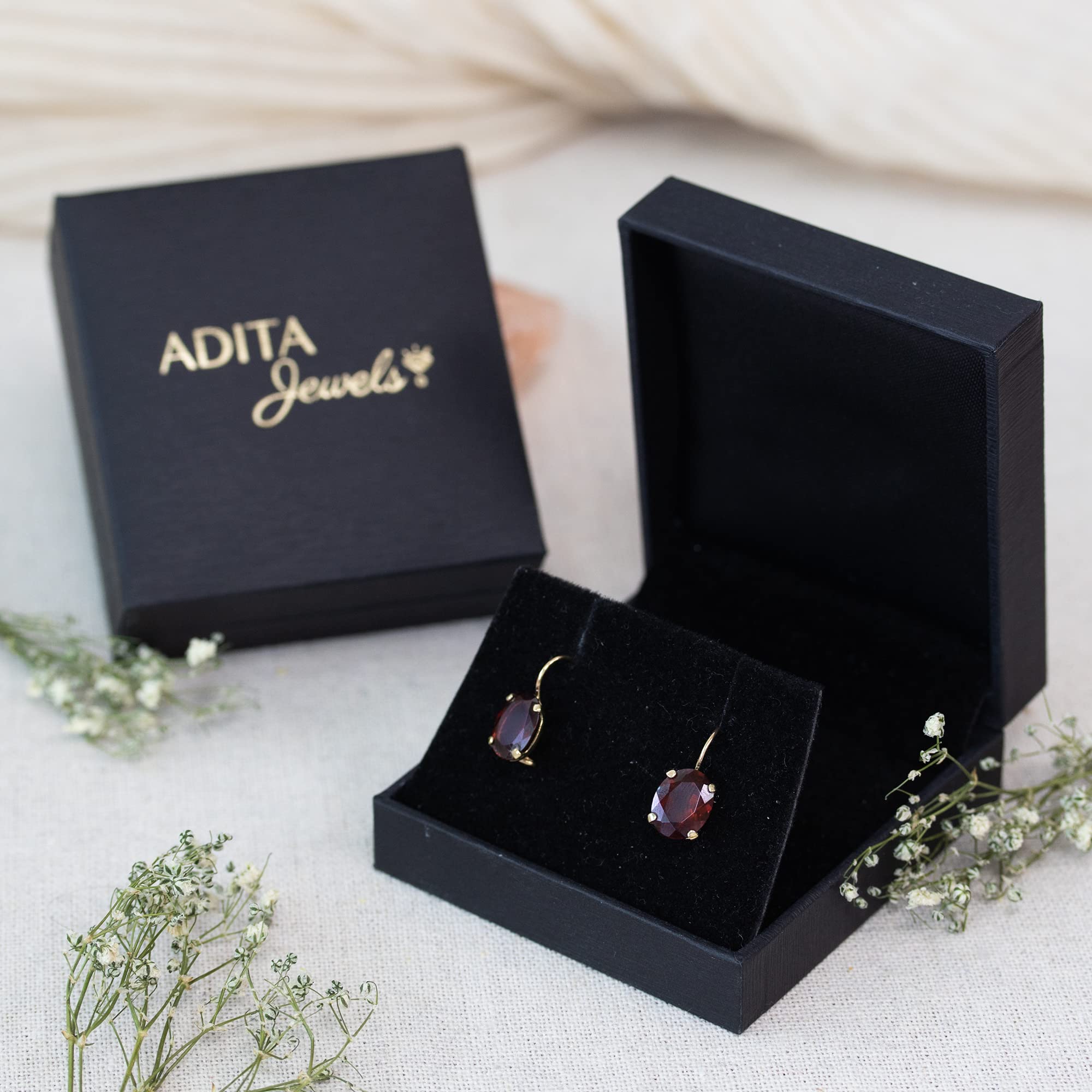 14K Gold Garnet Earrings for Women - 8x10mm Oval Gemstone Dangle Drop Earrings - January Birthstone Jewelry - Elegant & Timeless Gift for Her - Perfect for Weddings, Anniversaries & Special Occasions