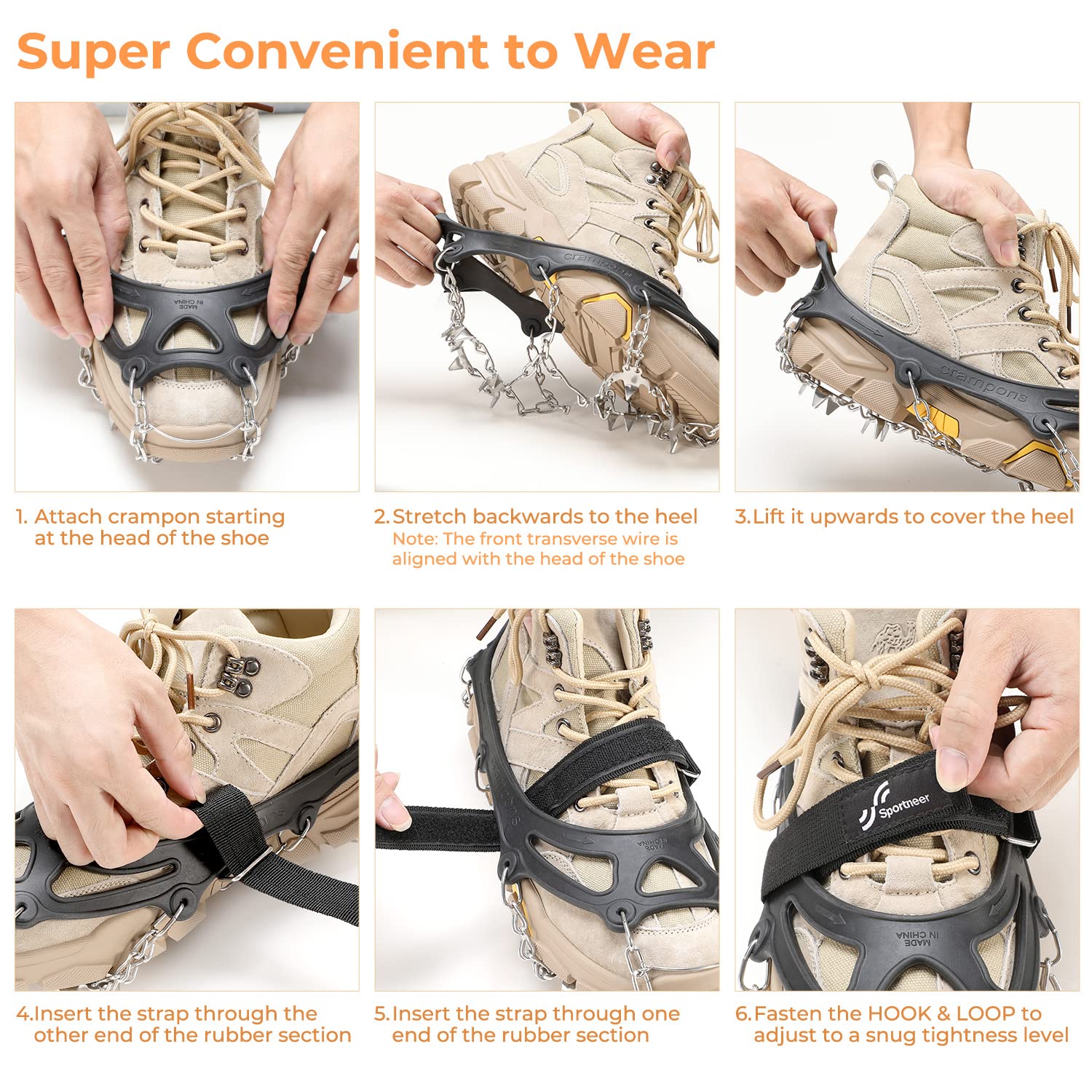 Sportneer Crampons - 19 Stainless Steel Spikes Ice & Snow Traction Cleats for Boots & Shoes - Non-Slip Grips for Hiking, Jogging, Climbing, Fishing - Perfect for Winter Outdoor Adventures on Icy Trails & Snowy Terrains