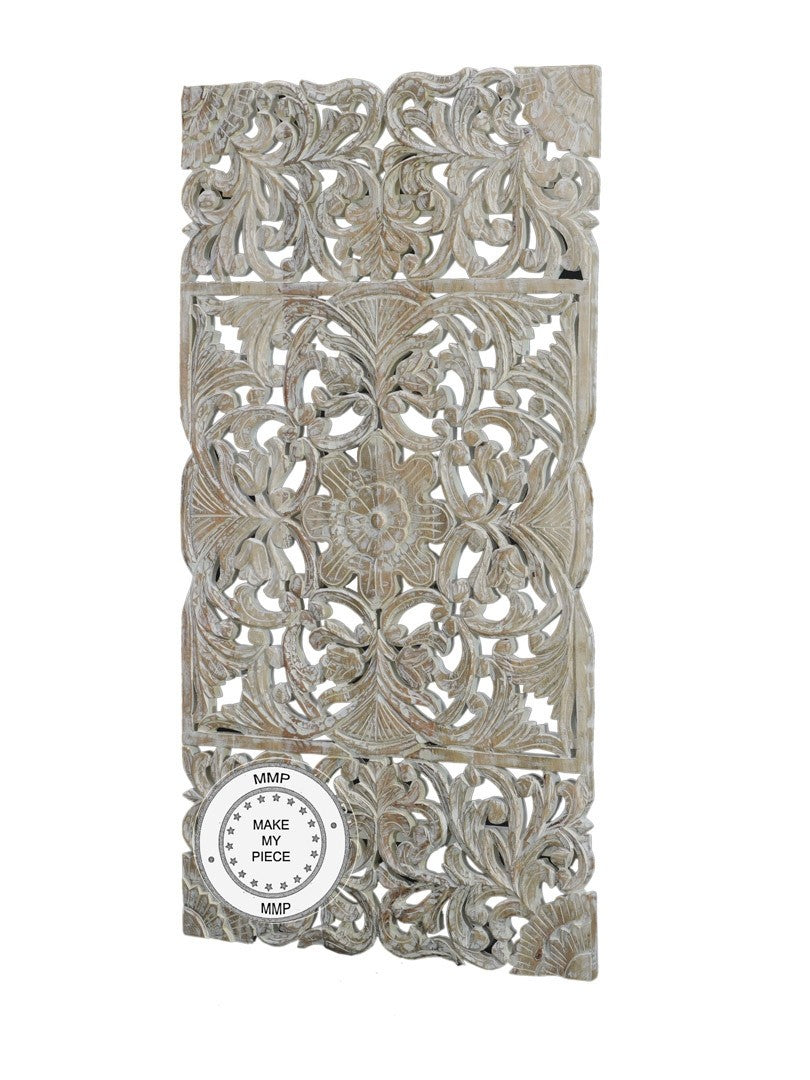 Hand Carved Dynasty Oriental Furniture Whitewashed Panel Bed Headboard - Perfect for Bedroom Decor, Master Suite, and Luxury Home Interiors