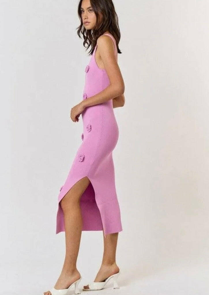 Rosette Ribbed Knit Sweater Midi Dress in Candy Pink - Women's Elegant Winter Outfit for Date Night & Holiday Party