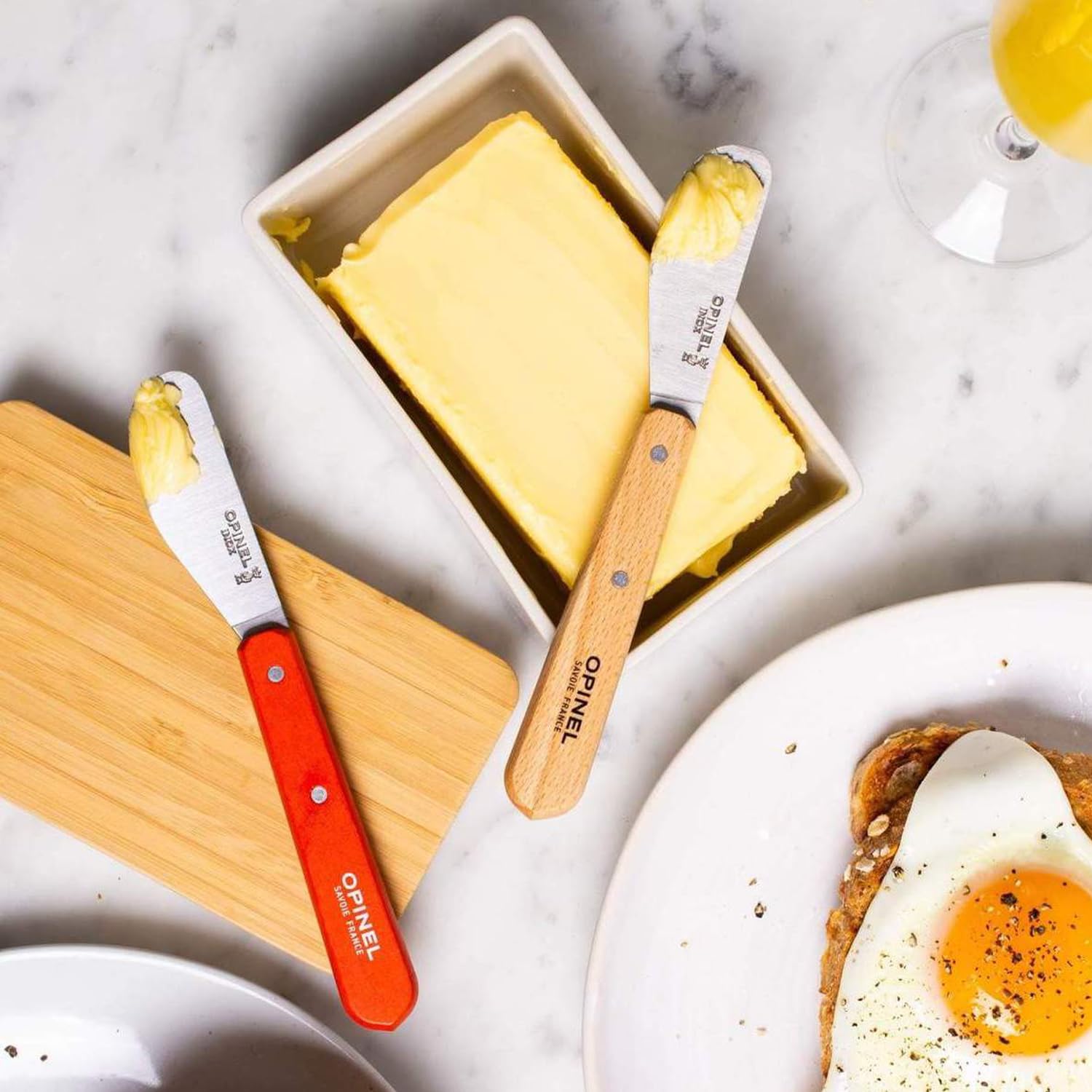 OPINEL Essential No.117 Spreading & Butter Knife with Painted Hornbeam Wood Handle - Made in France (Tangerine) - Perfect for Picnics, Cheese Boards & Gourmet Dining
