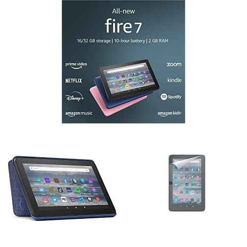 Fire 7 Tablet 16GB - Denim (Ad-Supported) with Amazon Standing Case & 2-Pack Screen Protector - Perfect for Reading, Streaming & Travel