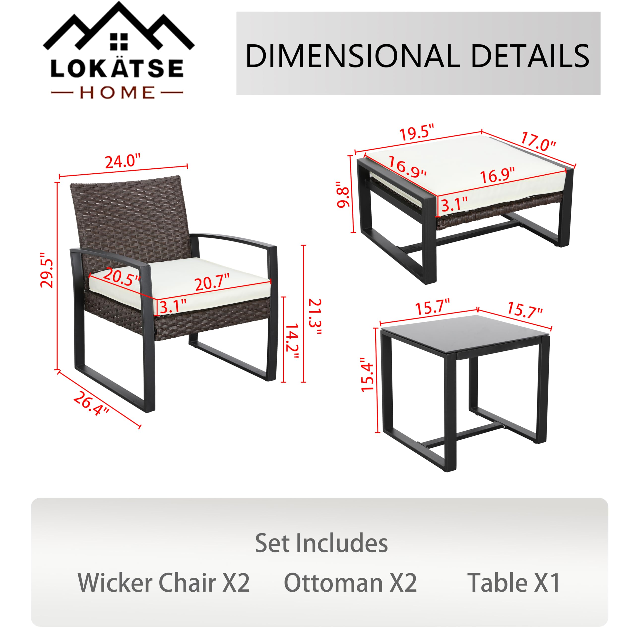 LOKATSE HOME 5-Piece Outdoor Patio Furniture Set - Rattan Wicker Chairs with Cushions, Ottoman & Coffee Table - Beige Conversation Set for Garden, Poolside, Deck, Porch | Perfect for Relaxing & Entertaining Outdoors
