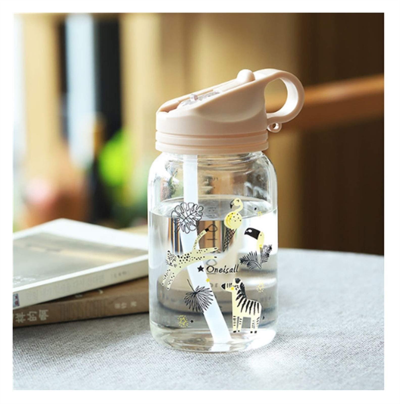 BPA Free Cartoon Cute Kids Glass Water Bottle with Plastic Straw - 450ml Portable Sports Tumbler Cup for Children - Leak Proof & Durable - Perfect for School, Outdoor Activities & Travel (Beige)