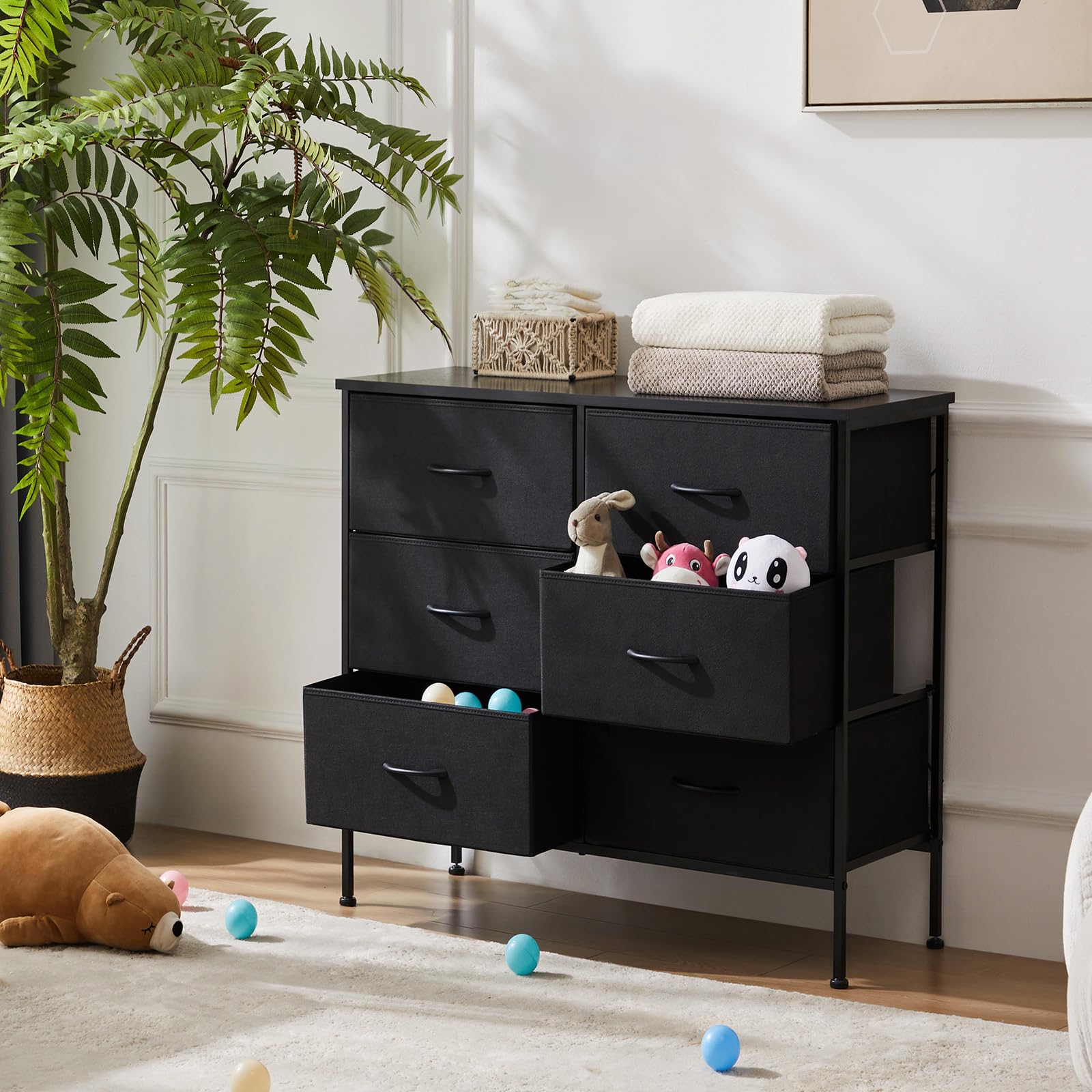 6-Drawer Fabric Dresser for Bedroom & Closet - Black Storage Tower with Wood Top | Space-Saving Organizer for Small Spaces