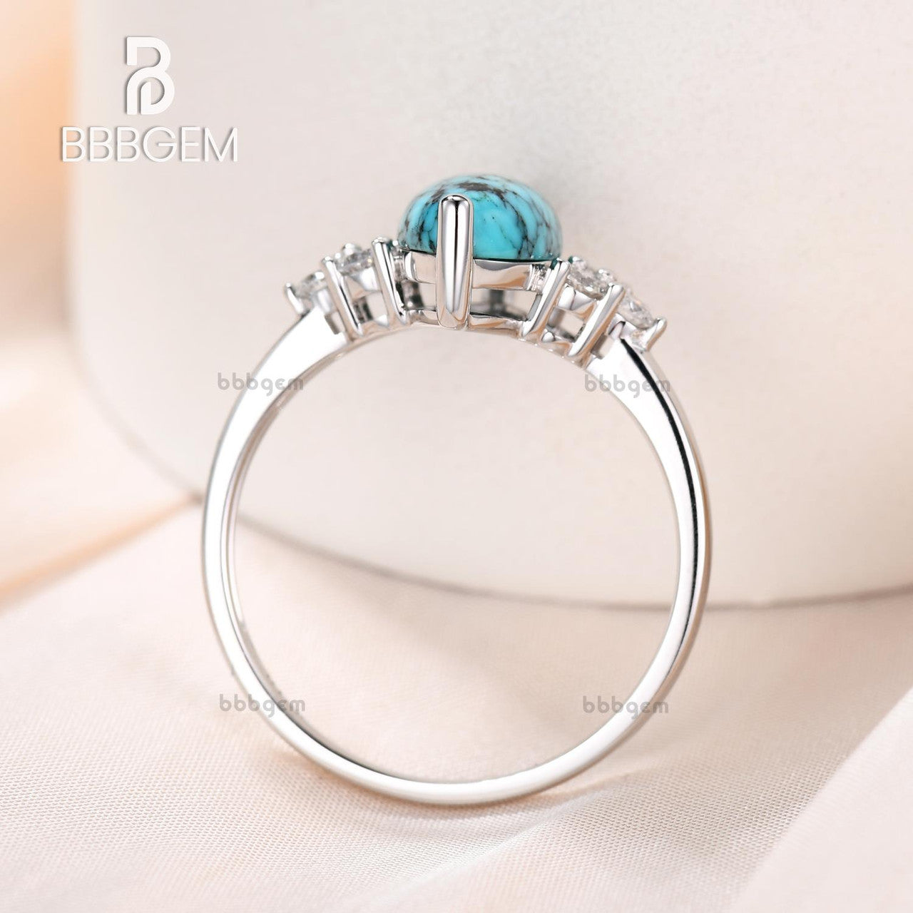 Marquise Turquoise Engagement Ring with Three Diamond Side Stones in 14k Gold Band - Perfect for Proposals, Weddings & Anniversary Gifts