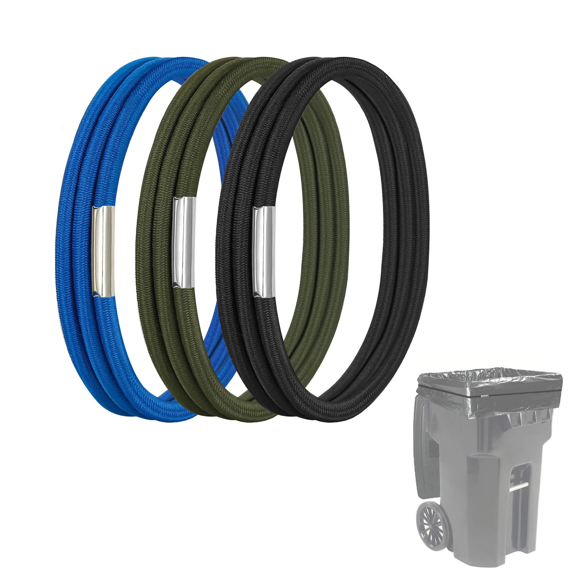 Heavy Duty Large Rubber Bands for 50-96 Gallon Trash Cans - Strong Elastic Garbage Can Bands (Set of 3 in Black, Blue & Olive Green) - Secure Kitchen Trash Bags, Outdoor Bin Covers & Recycling Containers