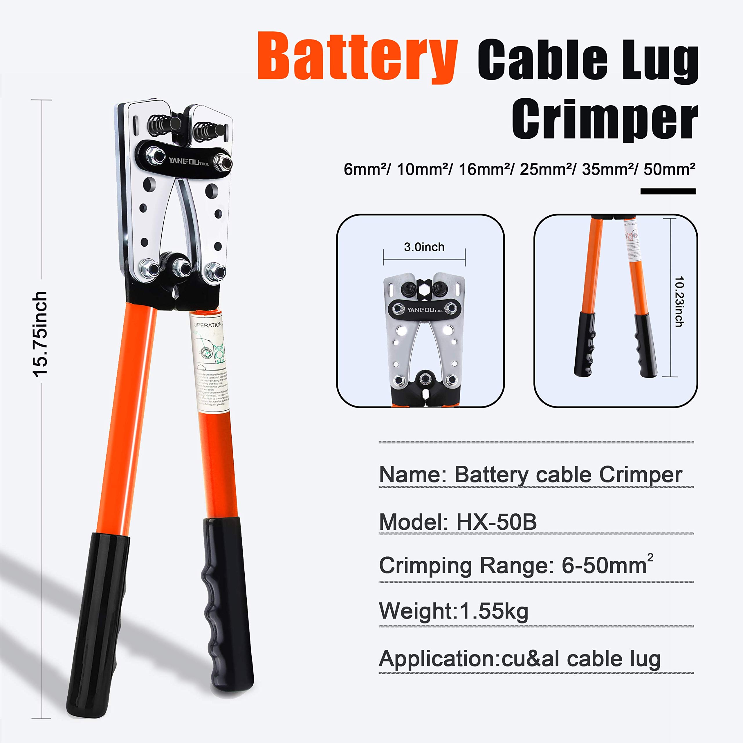 Professional Battery Terminal Cable Crimping Tool - AWG 1/0 to 10 Gauge - Heavy Duty Wire Lug Crimper for Large Electrical Connectors - Perfect for Car, Vehicle Maintenance & Electrical Repairs - Ideal for Mechanics, Electricians & DIY Auto Enthusiasts