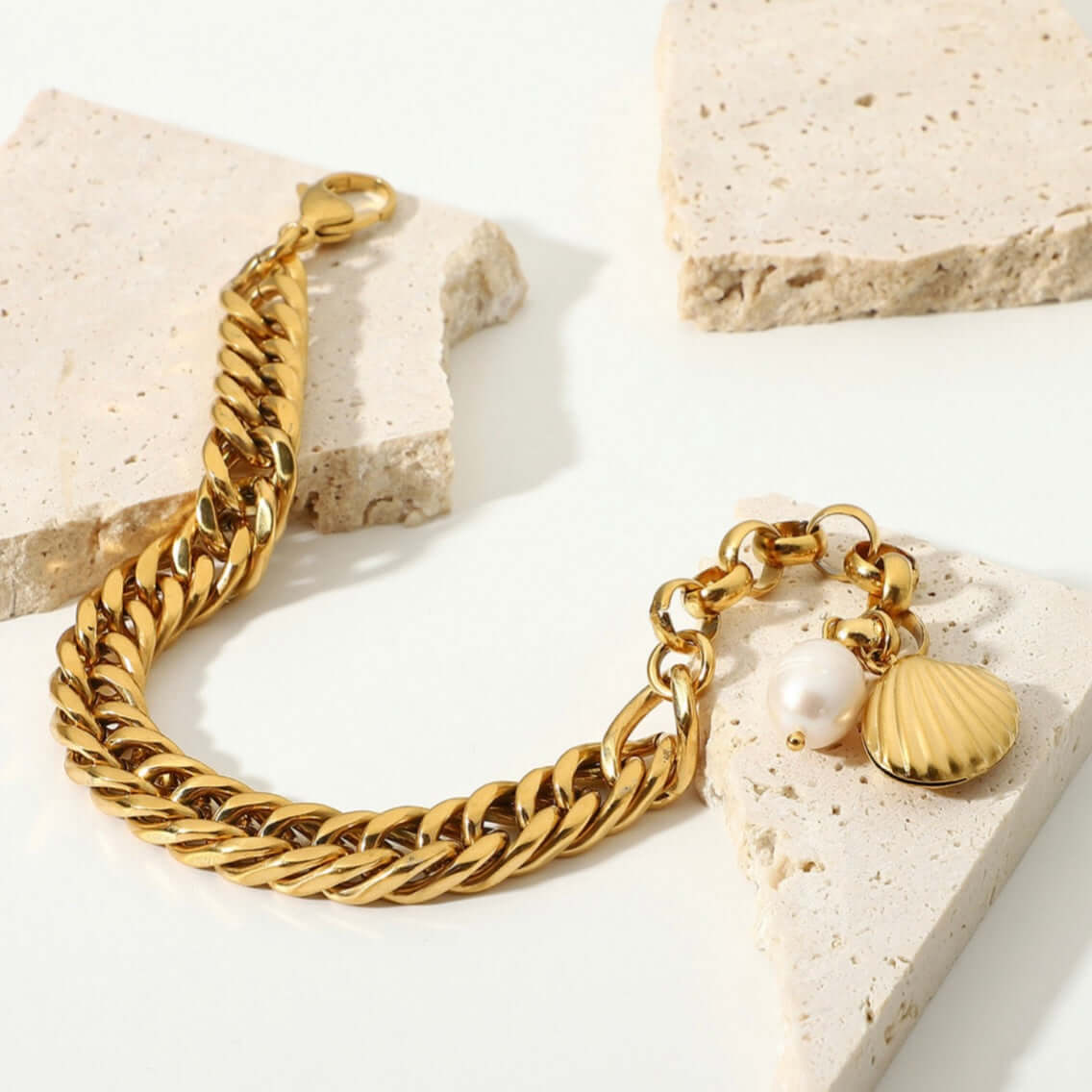 Bold Chain Freshwater Pearl Shell Bracelet for Women - Elegant Fashion Jewelry Gift for Her | JDB070 | Perfect for Weddings, Parties & Everyday Wear