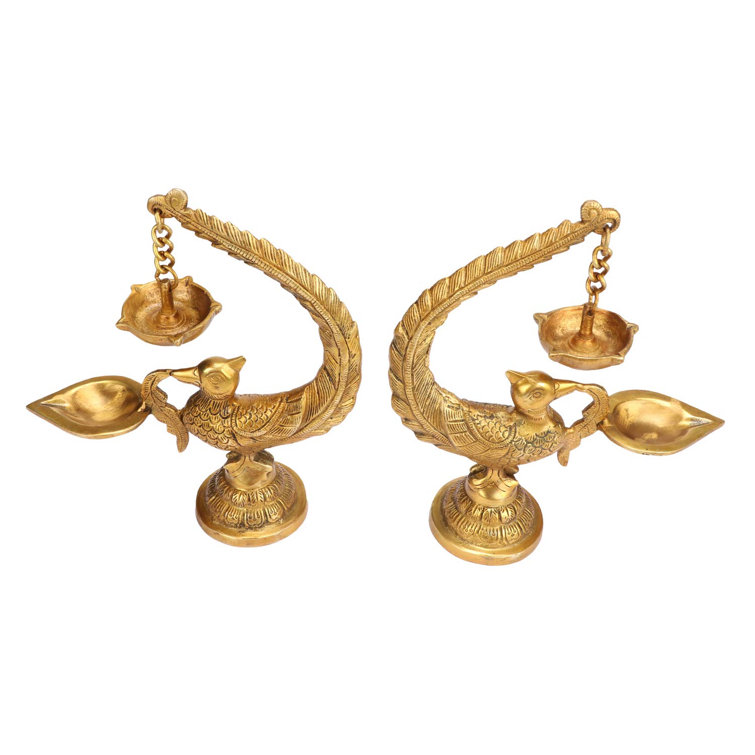 AmiLuv Collections Brass Peacock Bird Design Diya Pair Stand Holder - Gold Traditional Indian Candle Holders (2 Pieces) - Perfect for Diwali, Wedding Decor, Pooja Rituals & Home Decoration