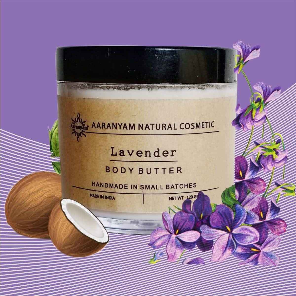 Aaranyam Lavender Body Butter Moisturizing Cream for Dry Skin - Enriched with Shea Butter & Raw Cocoa Butter - Hydrating Winter Body Cream for Women & Men - 120g - Perfect for Daily Skincare & Dry Skin Relief