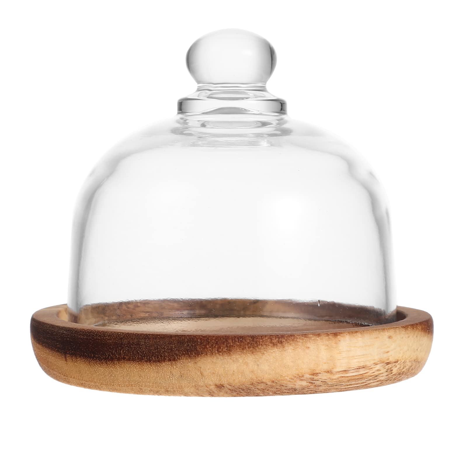 Round Wood Cake Stand with Clear Cloche Dome - 10CM Wooden Cake Plate Server & Pastry Display Cover for Desserts, Wedding Cakes, and Party Treats - Perfect for Home Baking, Tea Parties, and Bakery Showcases