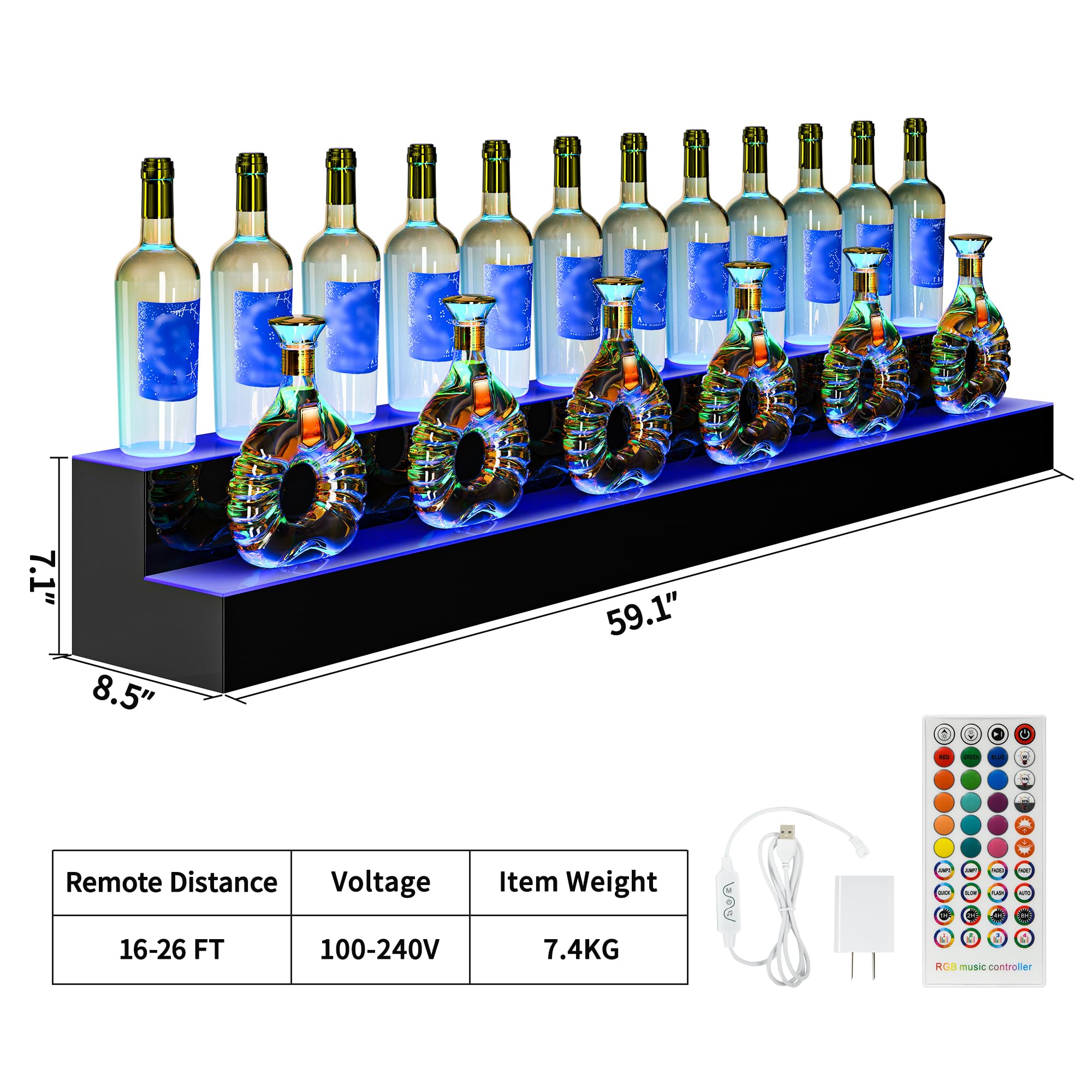 YITAHOME 60-inch 2-Step LED Lighted Liquor Bottle Display Shelf - Acrylic Mounted Whiskey Rack Stand with Remote & App Control - Perfect for Home Bar, Counter Party, and Restaurant Display
