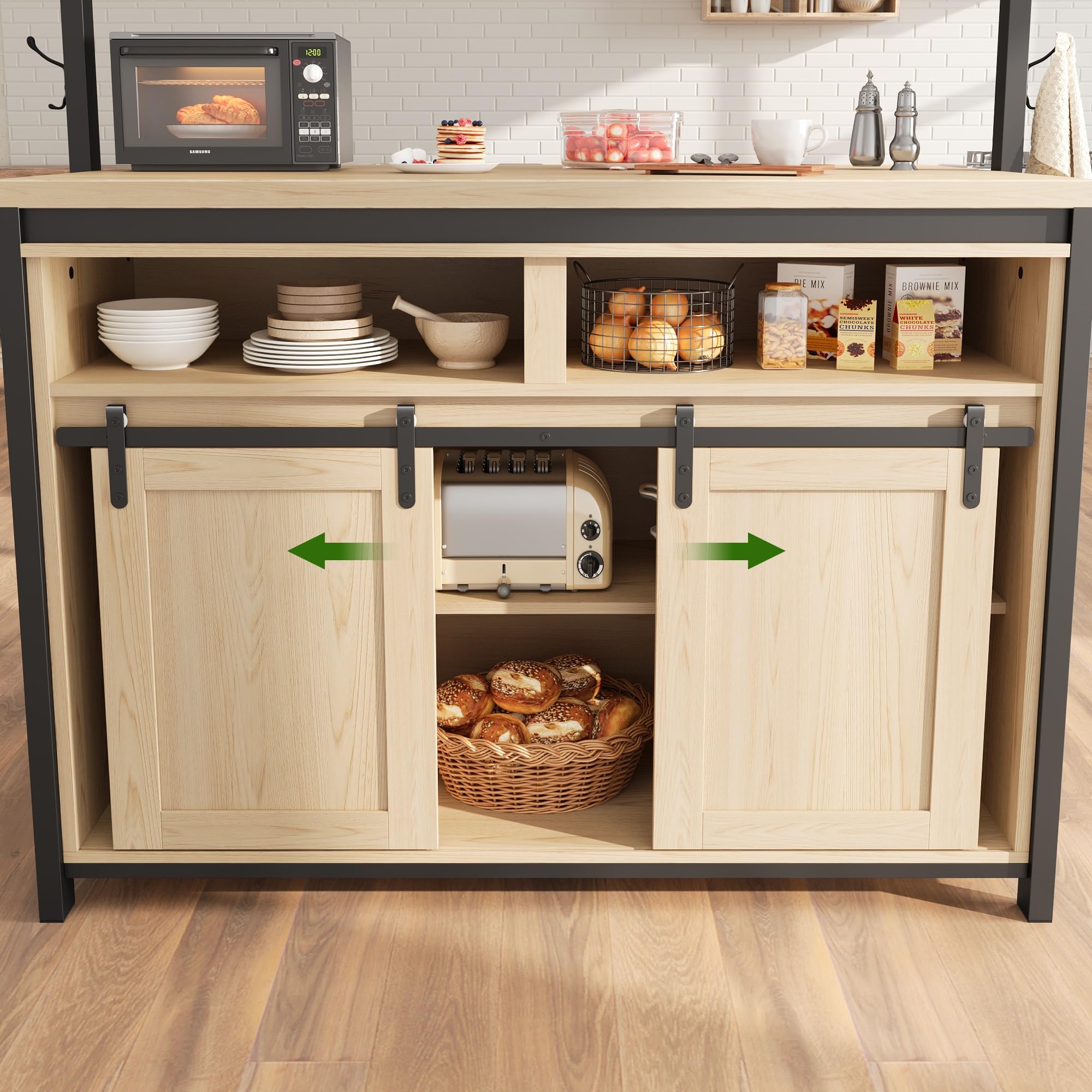 GAOMON Wooden Kitchen Island with Sliding Barn Door - Heavy Duty Large Kitchen Cabinet with 4 Hooks & Storage | Multi-Functional Bakers Rack for Dining Room & Kitchen | Perfect for Entertaining, Food Prep & Extra Storage Space